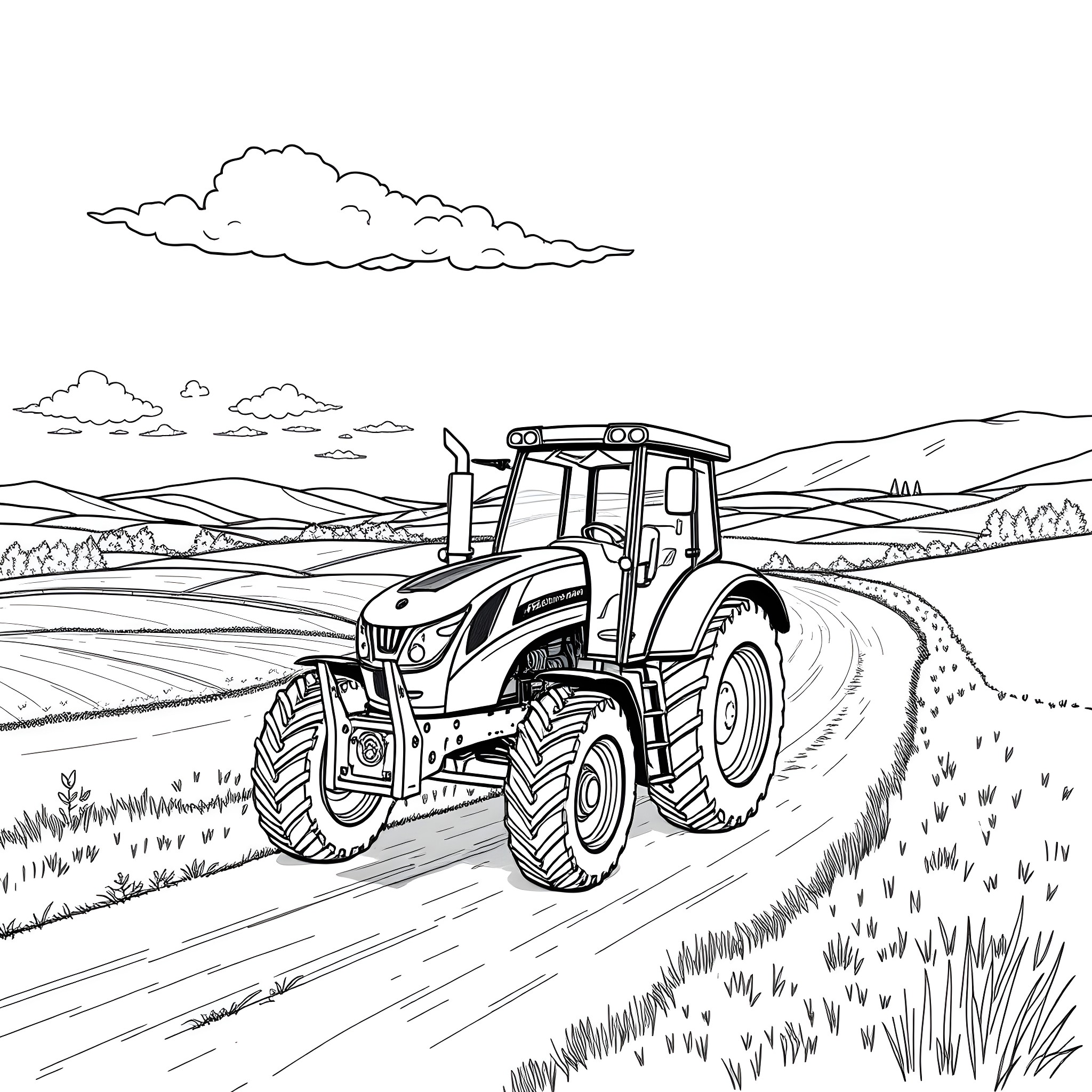 Tractor plowing through idyllic countryside landscape Coloring Page (free black-and-white line drawing printable PDF for all, from beginners to advanced learners, including children, teens, adults, and seniors)