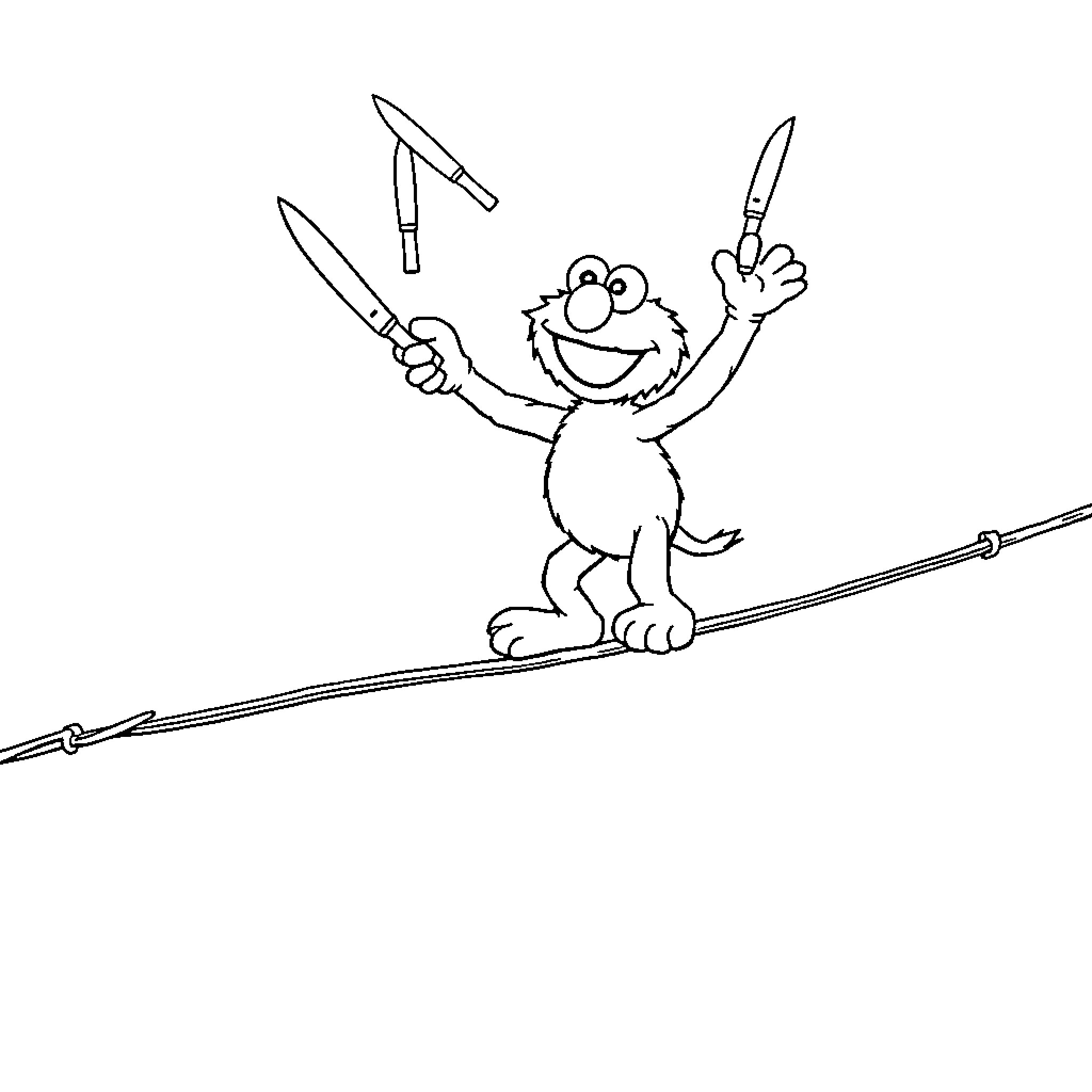 Elmo juggles knives on a tightrope Coloring Page (free black-and-white line drawing printable PDF for all, from beginners to advanced learners, including children, teens, adults, and seniors)