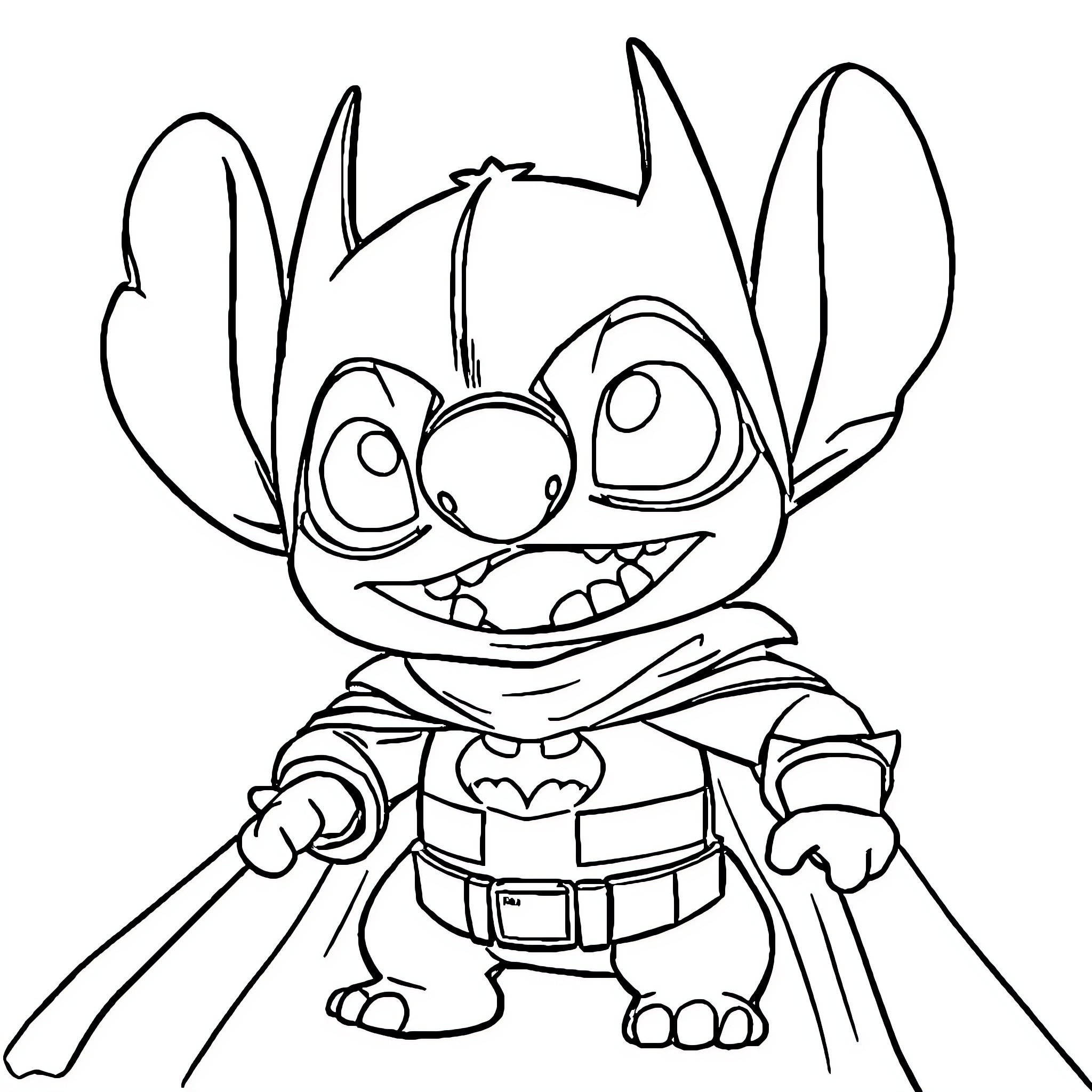 Stitch striking a heroic pose Coloring Page (free black-and-white line drawing printable PDF for all, from beginners to advanced learners, including children, teens, adults, and seniors)