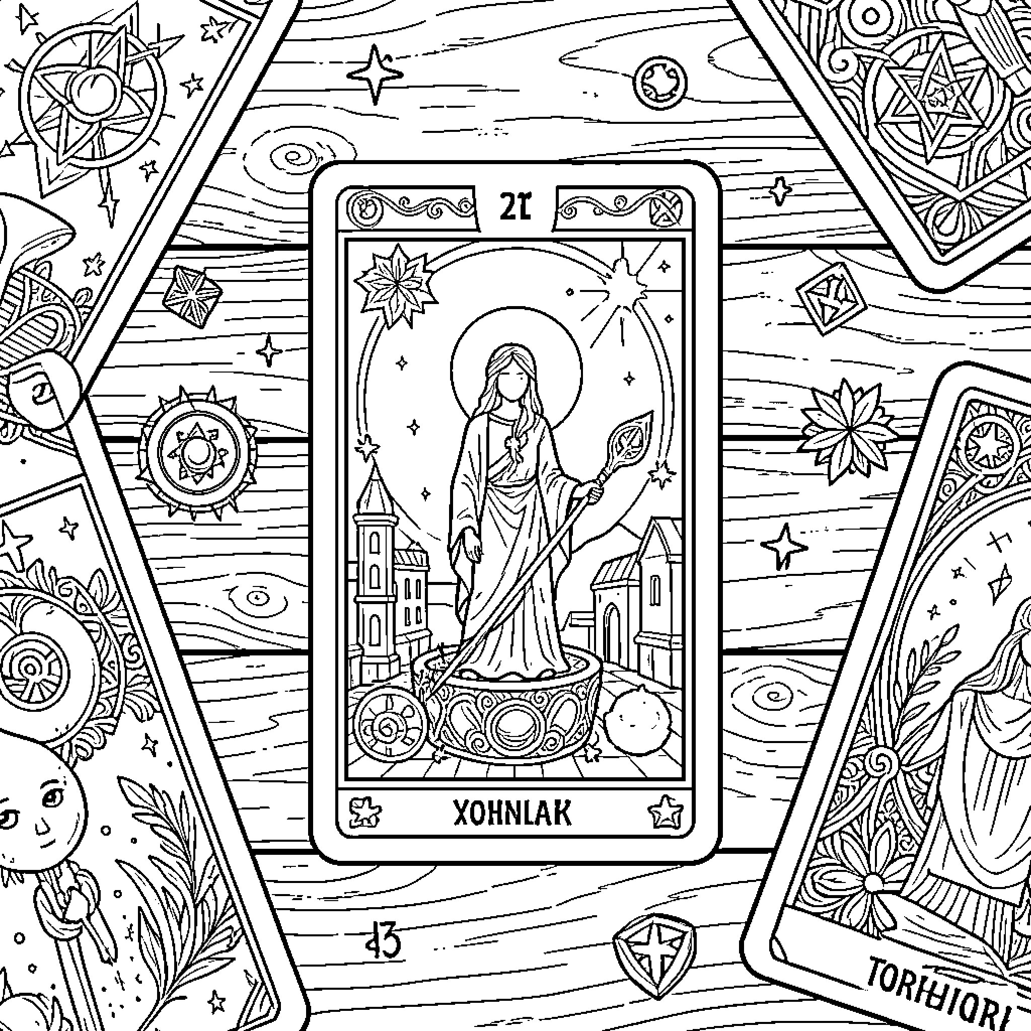 Tarot Card featuring a mystical figure holding a staff Coloring Page (free black-and-white line drawing printable PDF for all, from beginners to advanced learners, including children, teens, adults, and seniors)