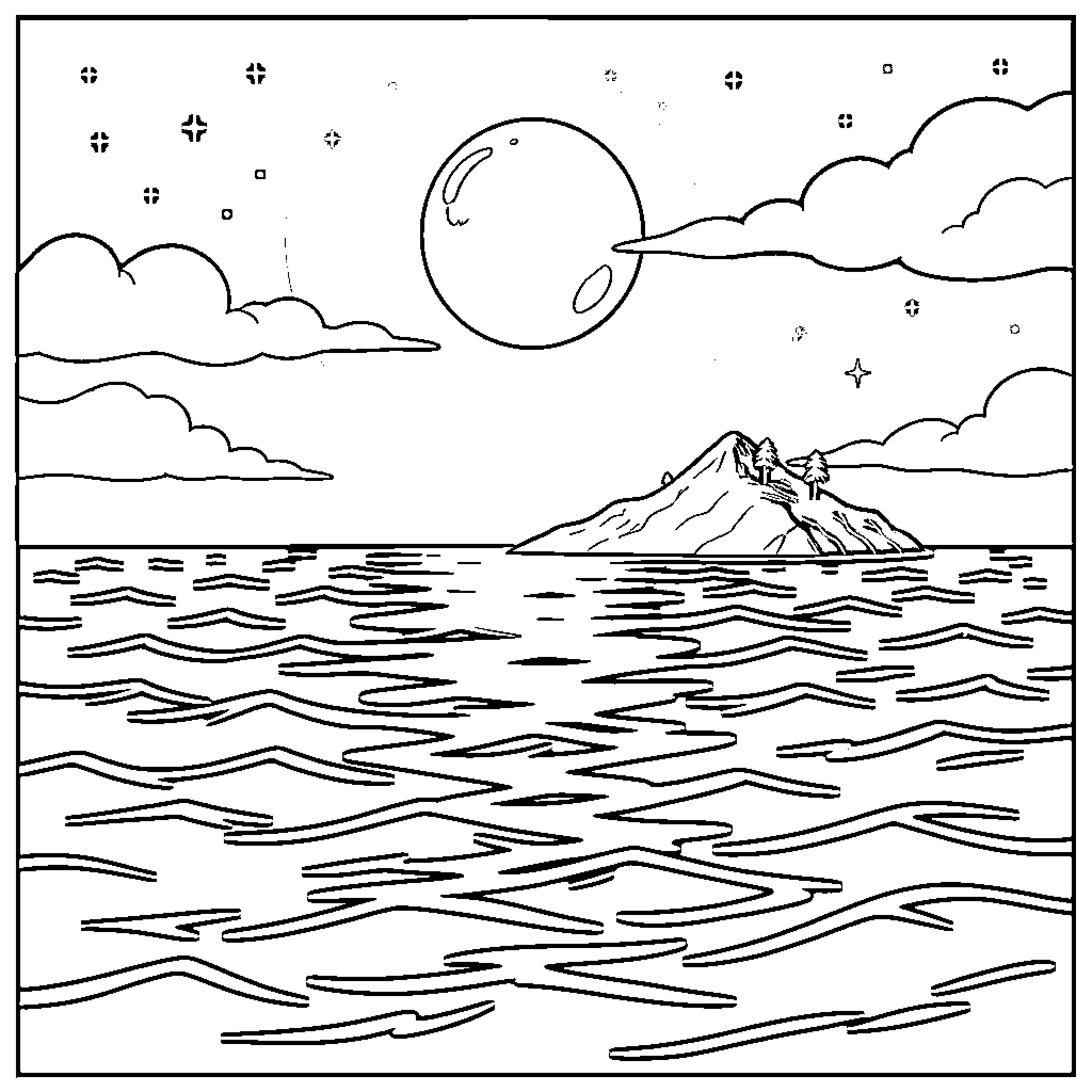Ocean landscape with mountain and moon Coloring Page (free black-and-white line drawing printable PDF for all, from beginners to advanced learners, including children, teens, adults, and seniors)