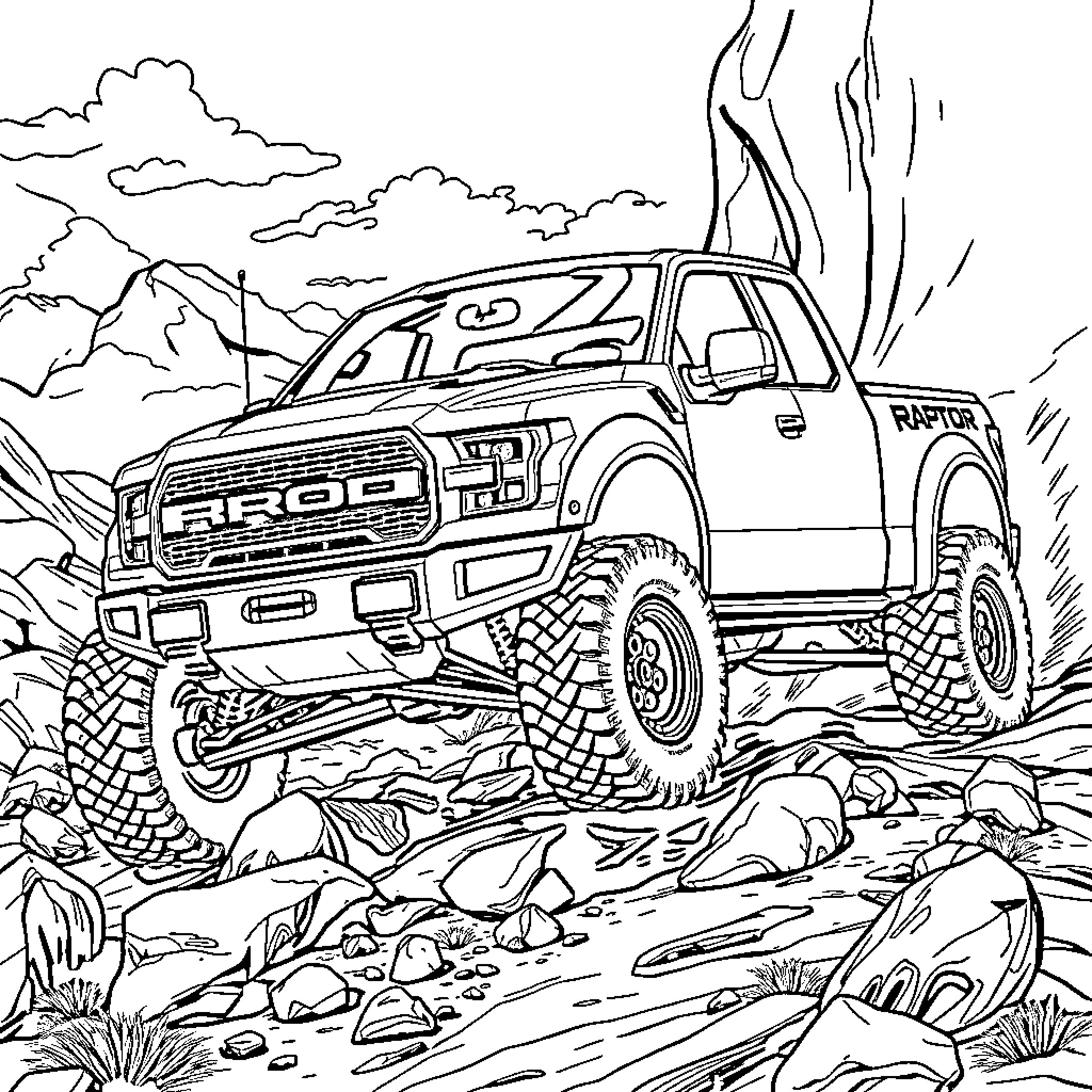 Ford Raptor off-road adventure in rugged terrain Coloring Page (free black-and-white line drawing printable PDF for all, from beginners to advanced learners, including children, teens, adults, and seniors)