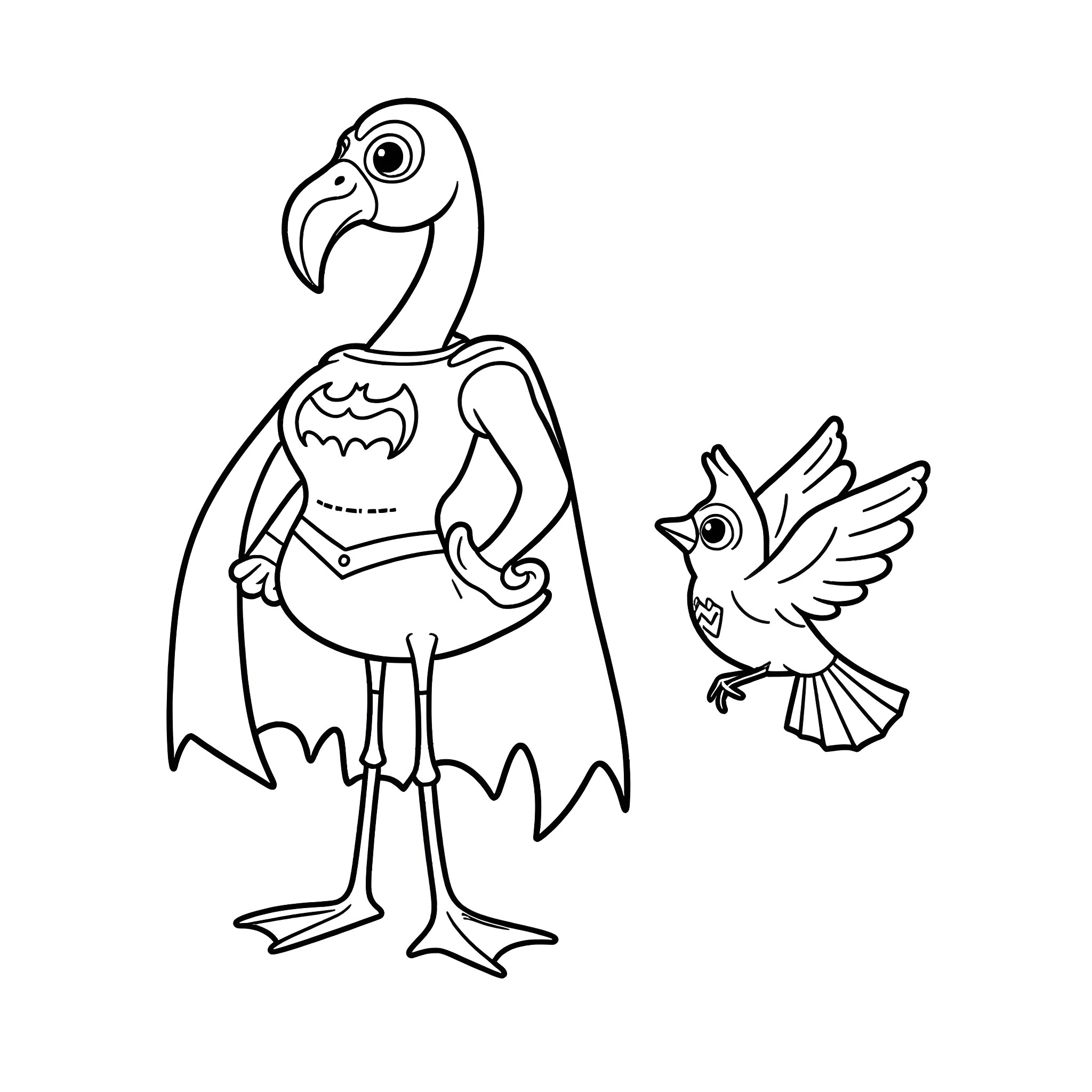 Flamingo friends with curious bird Coloring Page (free black-and-white line drawing printable PDF for all, from beginners to advanced learners, including children, teens, adults, and seniors)