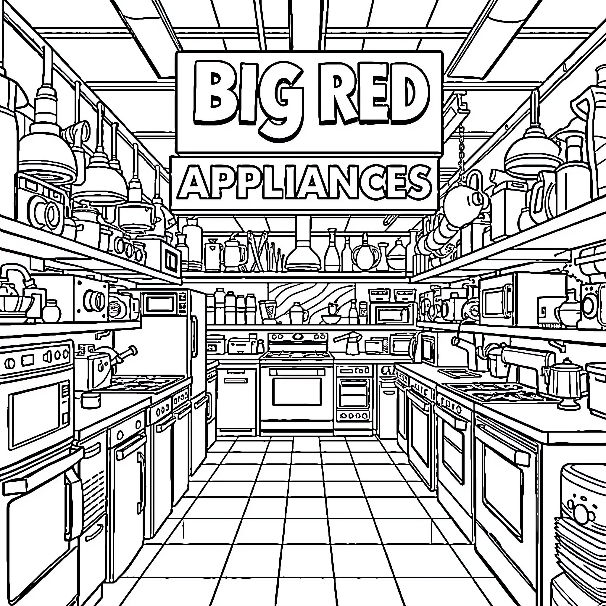 Appliance Store Shelves Stocked with Varied Merchandise Coloring Page (free black-and-white line drawing printable PDF for all, from beginners to advanced learners, including children, teens, adults, and seniors)