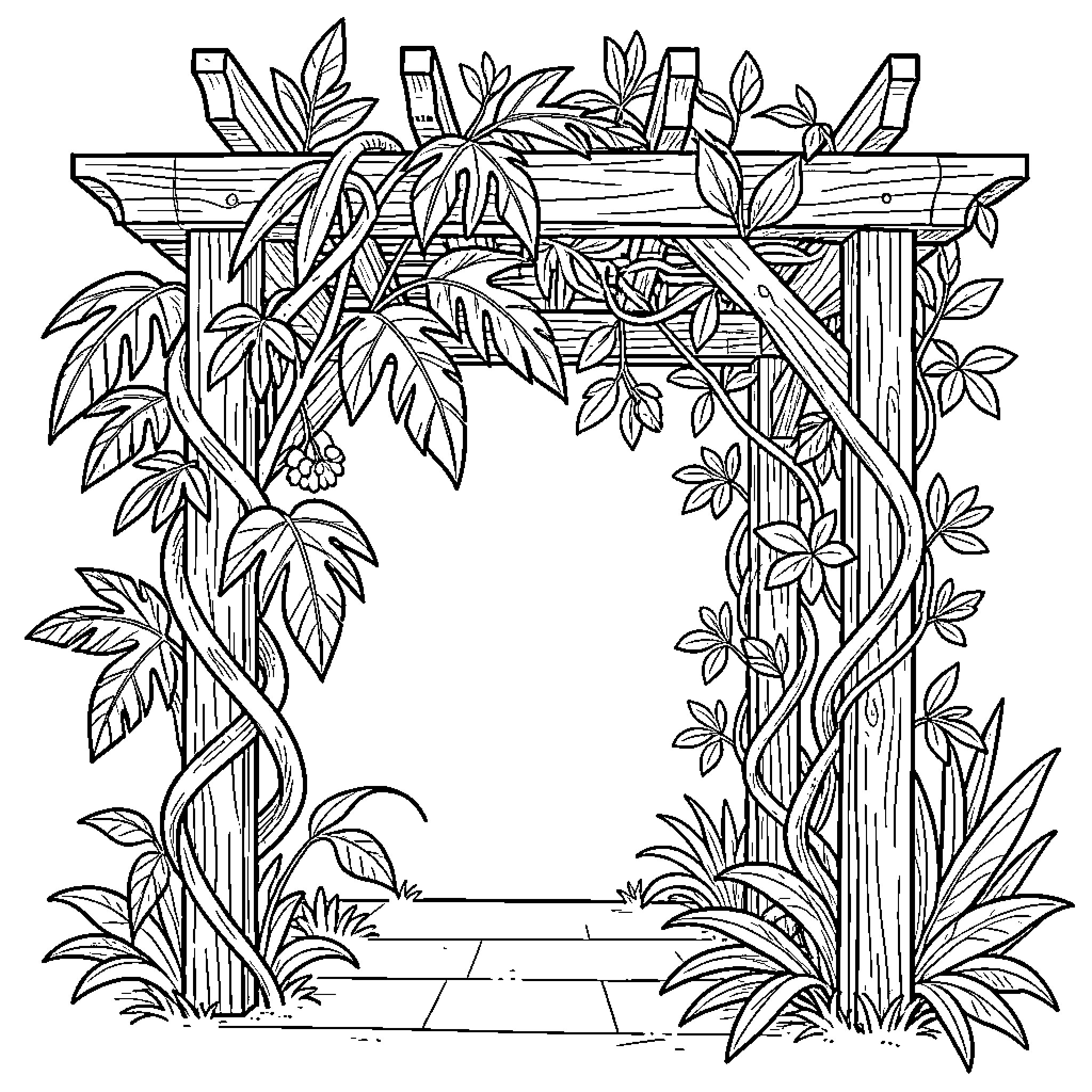 Plant vines climbing over a wooden garden trellis Coloring Page (free black-and-white line drawing printable PDF for all, from beginners to advanced learners, including children, teens, adults, and seniors)