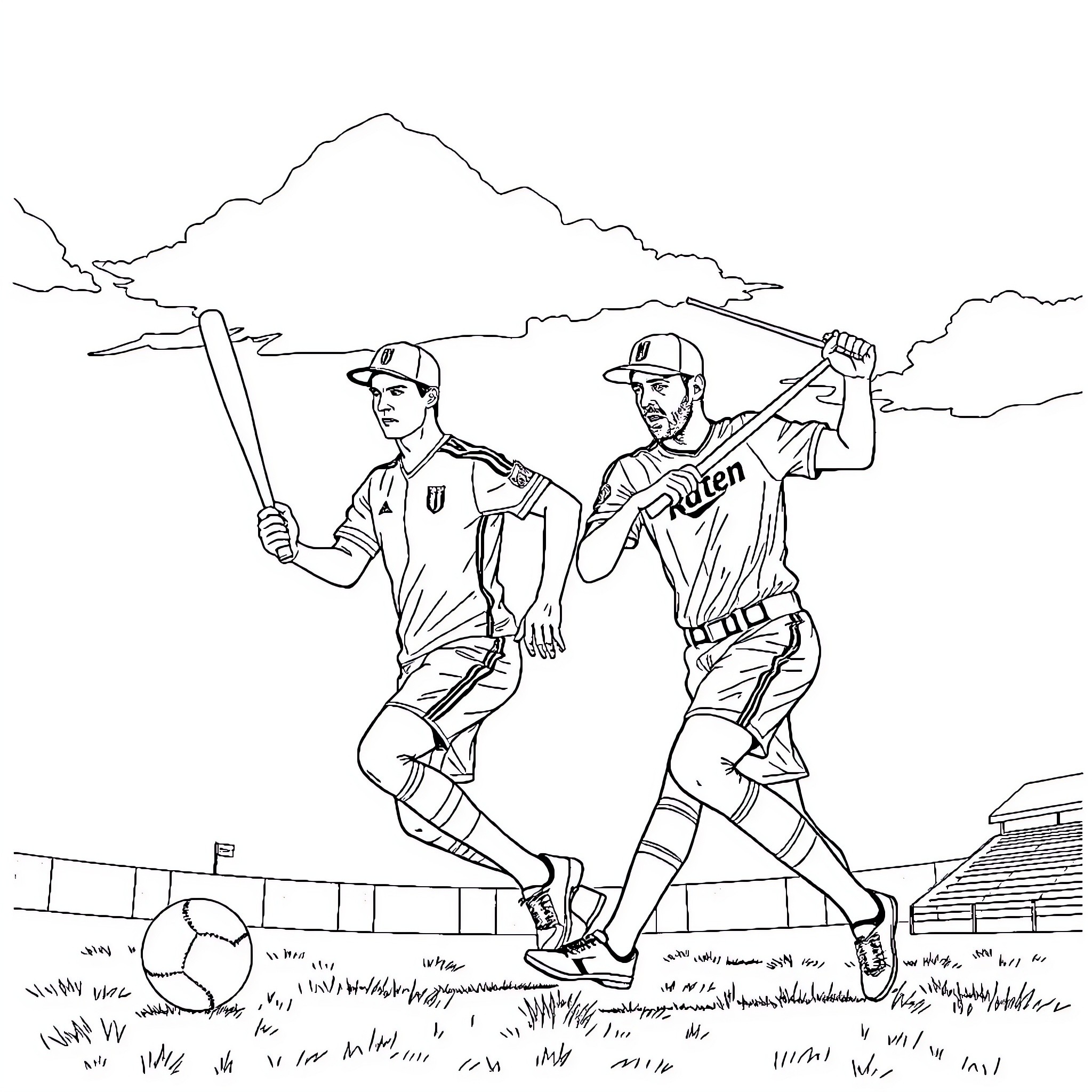 Cristiano Ronaldo and Messi facing off on the field Coloring Page (free black-and-white line drawing printable PDF for all, from beginners to advanced learners, including children, teens, adults, and seniors)