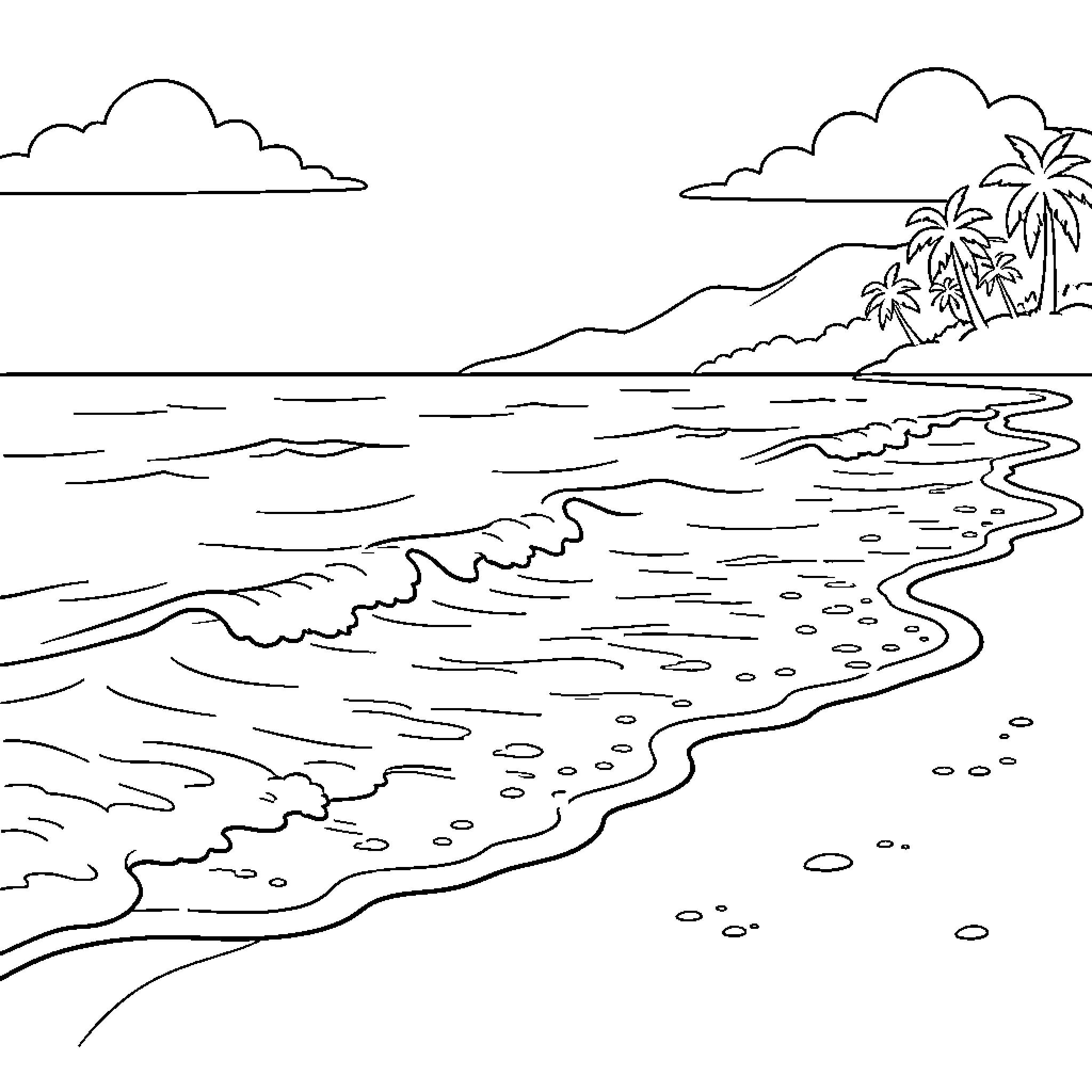 Beach waves crashing onto a tropical shoreline Coloring Page (free black-and-white line drawing printable PDF for all, from beginners to advanced learners, including children, teens, adults, and seniors)