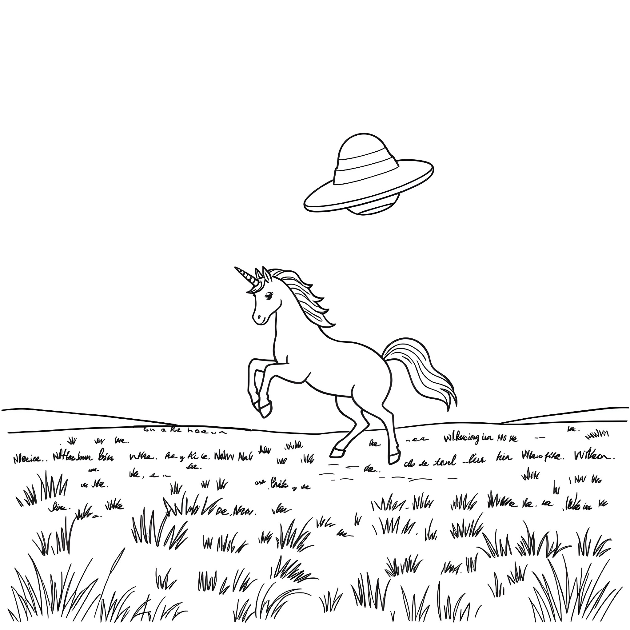 Unicorn galloping through a grassy field with a flying saucer Coloring Page (free black-and-white line drawing printable PDF for all, from beginners to advanced learners, including children, teens, adults, and seniors)