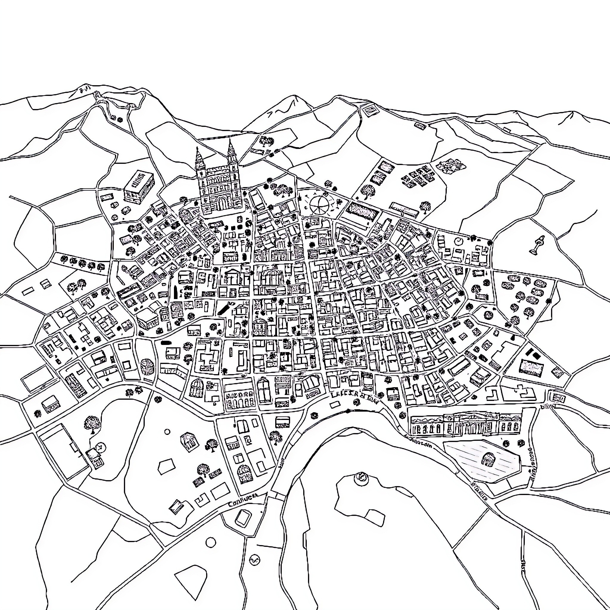 City Plan with Detailed Urban Landscape Coloring Page (free black-and-white line drawing printable PDF for all, from beginners to advanced learners, including children, teens, adults, and seniors)