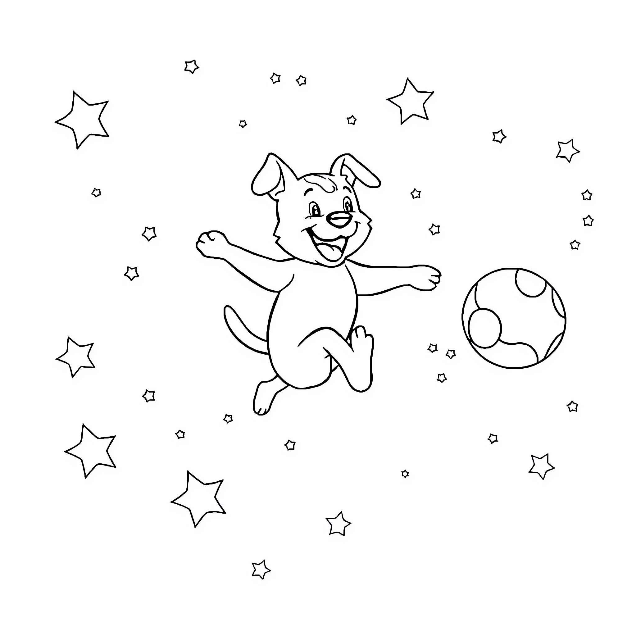 Dog playing joyfully with toys in starry night Coloring Page (free black-and-white line drawing printable PDF for all, from beginners to advanced learners, including children, teens, adults, and seniors)