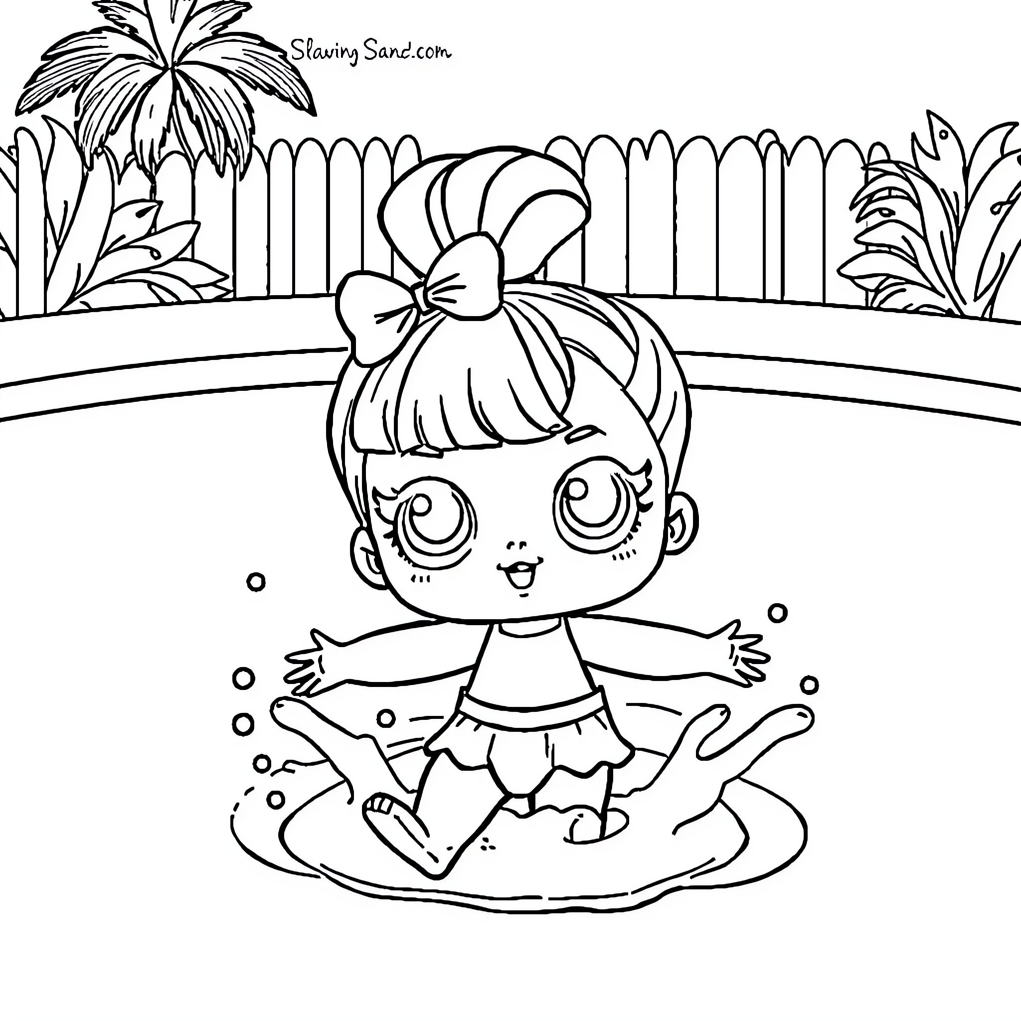 Lol Doll playing joyfully in the garden Coloring Page (free black-and-white line drawing printable PDF for all, from beginners to advanced learners, including children, teens, adults, and seniors)