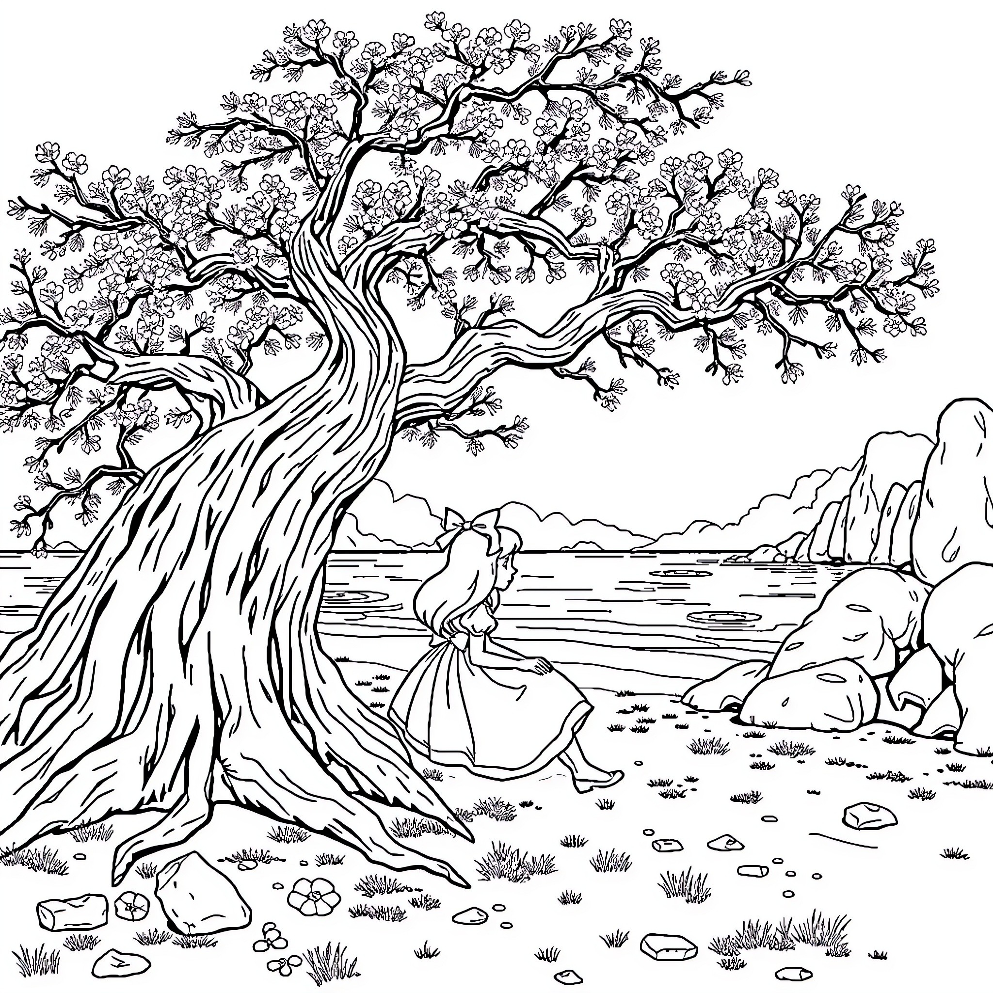 Alice in the enchanted forest Coloring Page (free black-and-white line drawing printable PDF for all, from beginners to advanced learners, including children, teens, adults, and seniors)
