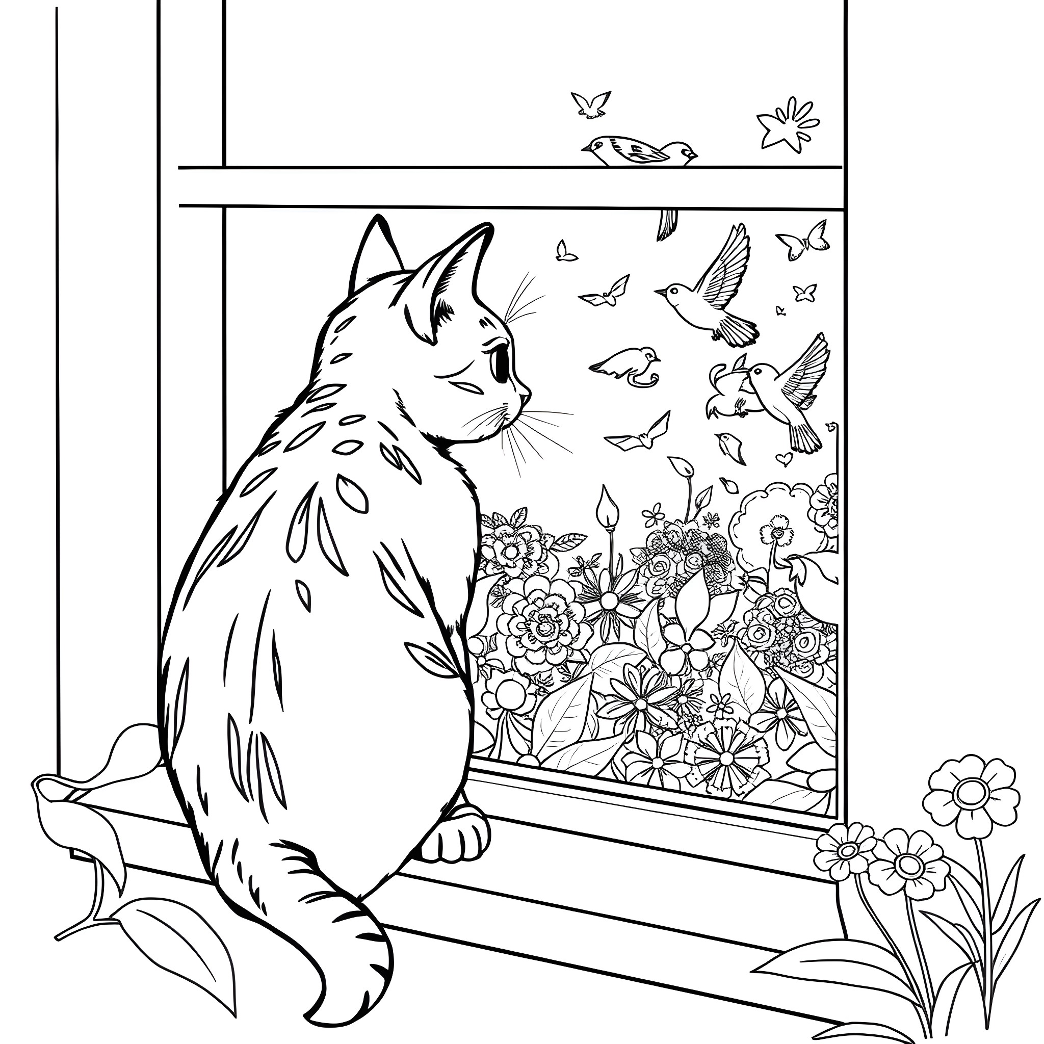 Cat gazing at butterflies through window Coloring Page (free black-and-white line drawing printable PDF for all, from beginners to advanced learners, including children, teens, adults, and seniors)