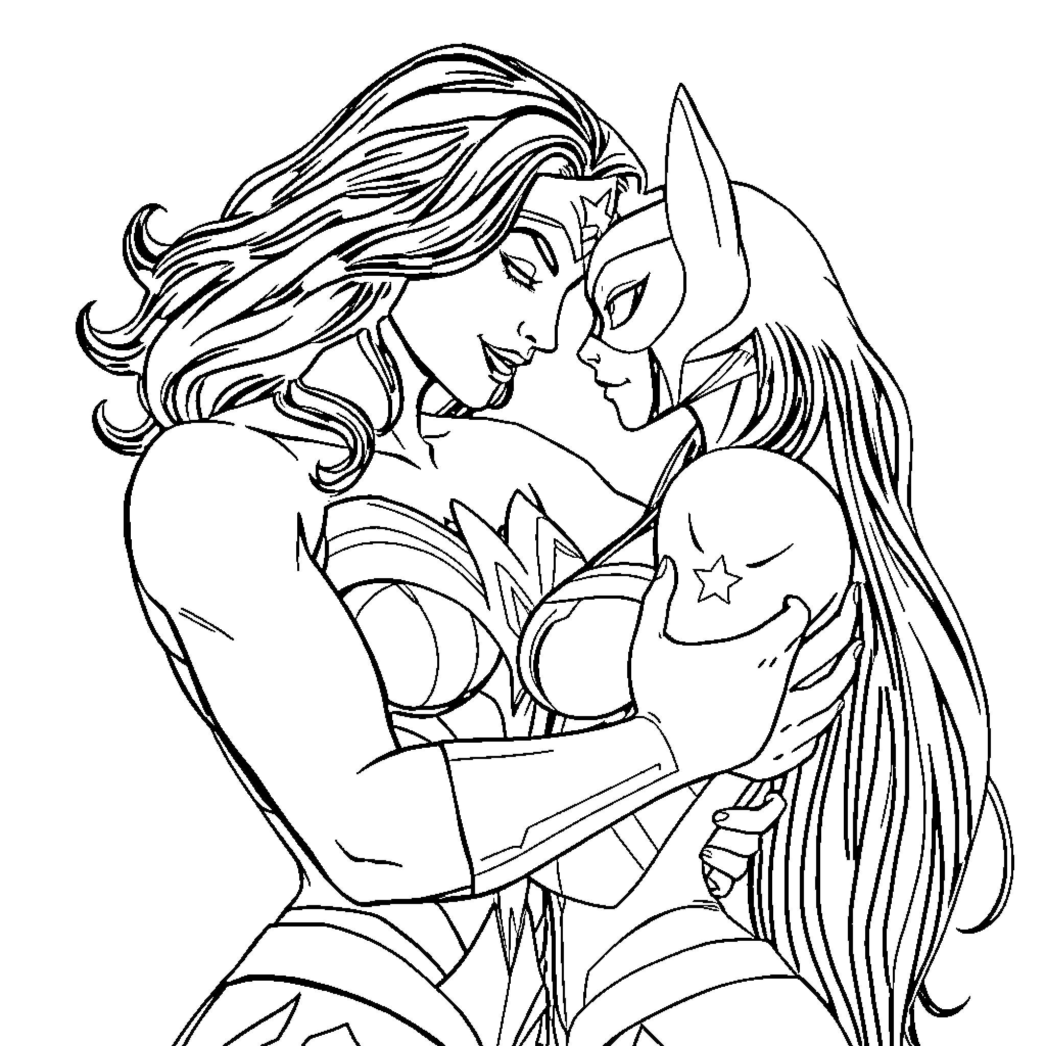 Wonder Woman embracing a powerful companion Coloring Page (free black-and-white line drawing printable PDF for all, from beginners to advanced learners, including children, teens, adults, and seniors)