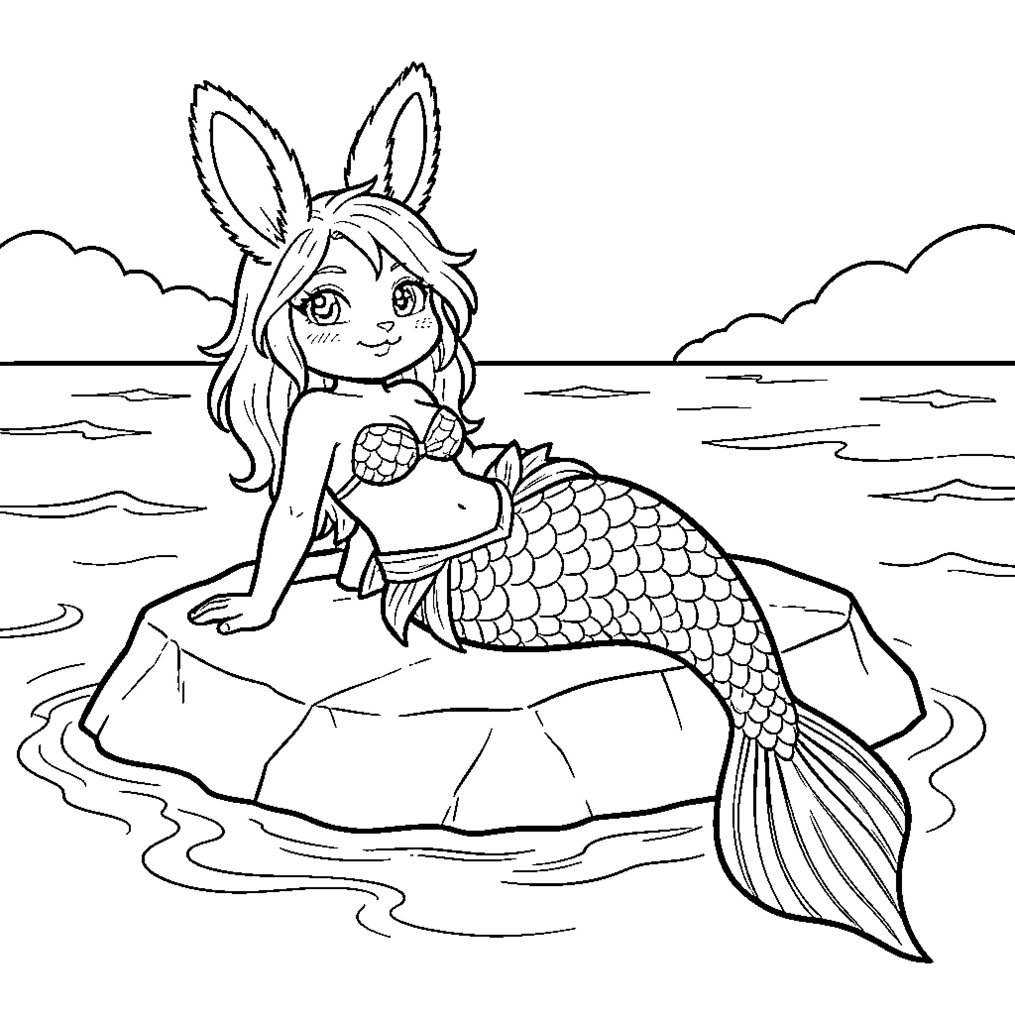 Bunny mermaid lounging on a rock by the sea Coloring Page (free black-and-white line drawing printable PDF for all, from beginners to advanced learners, including children, teens, adults, and seniors)