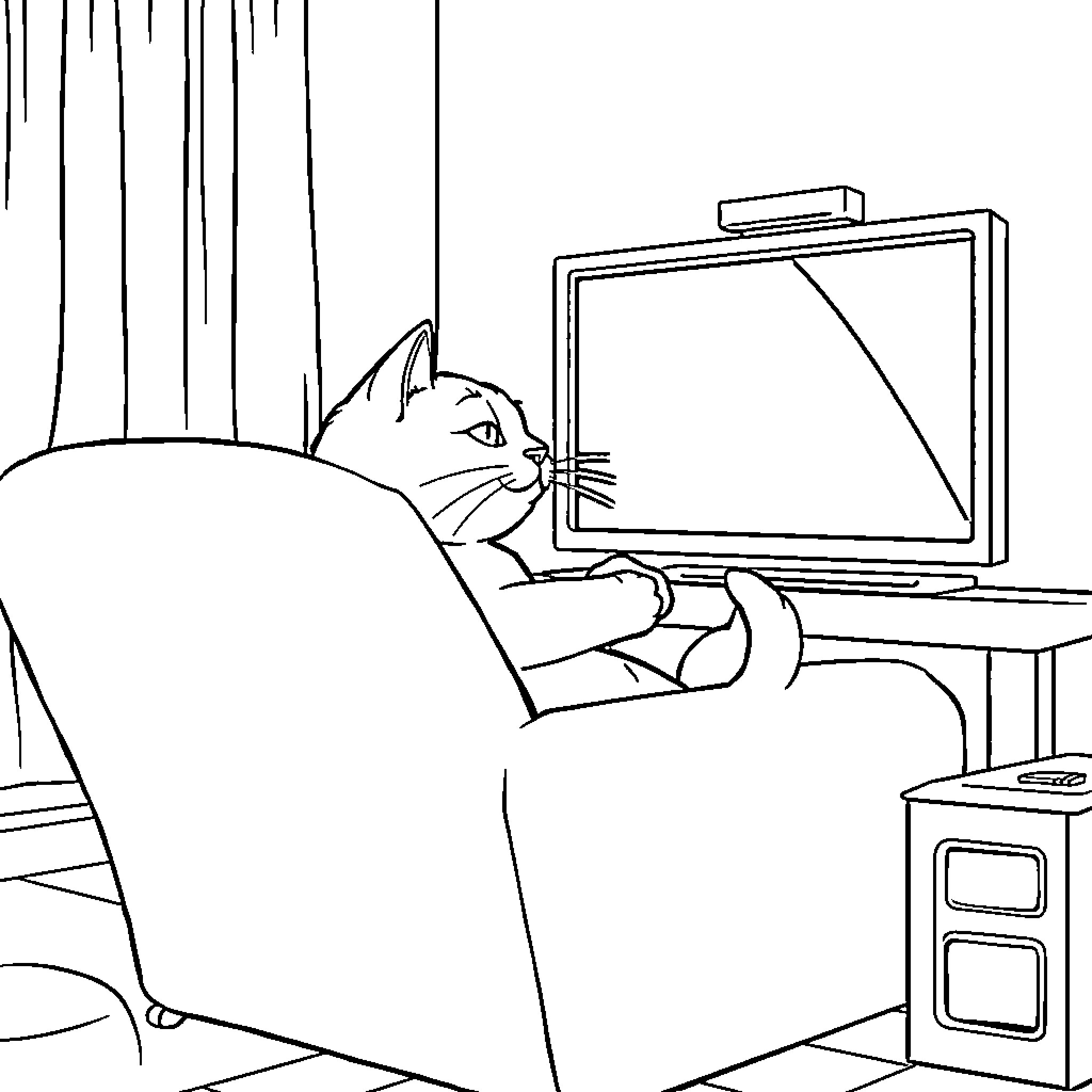 Gato relaxing and watching TV Coloring Page (free black-and-white line drawing printable PDF for all, from beginners to advanced learners, including children, teens, adults, and seniors)