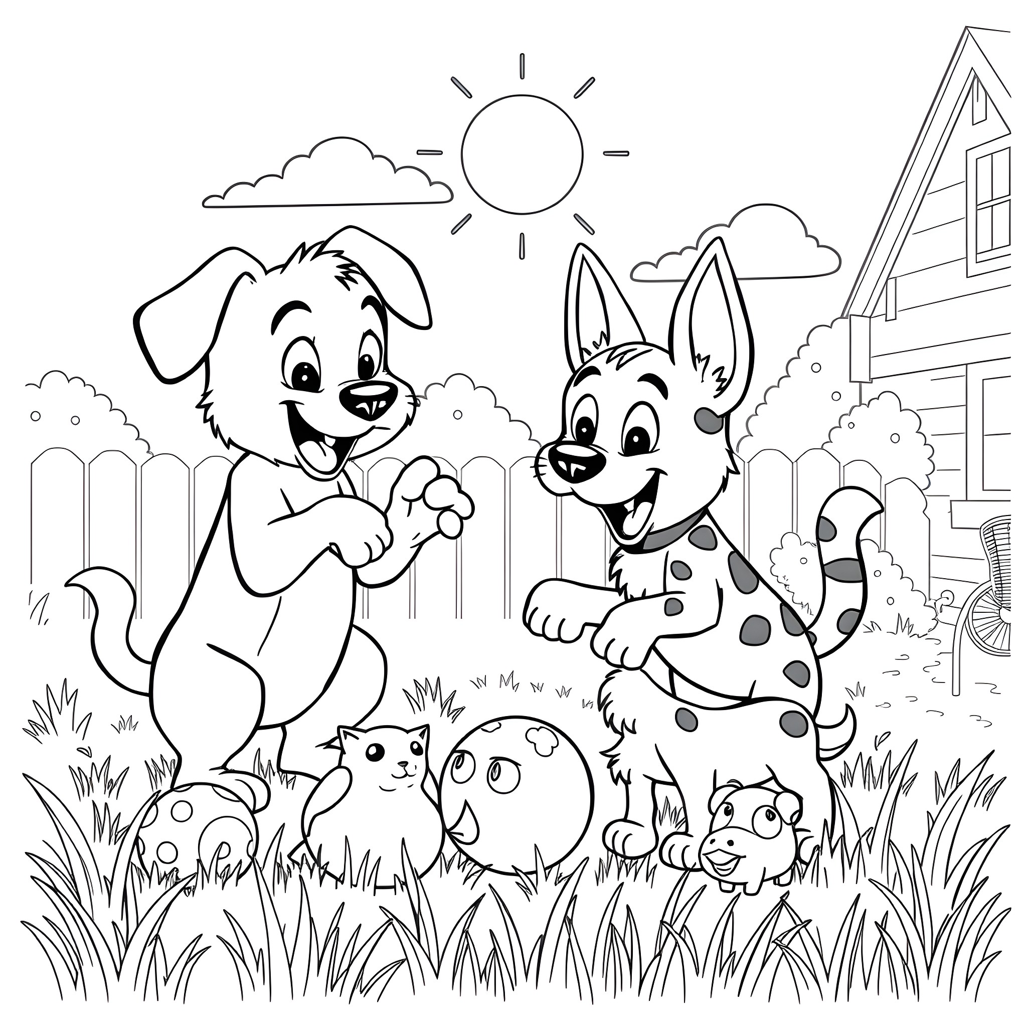 Bluey and Friends Enjoy a Sunny Day Outdoors Coloring Page (free black-and-white line drawing printable PDF for all, from beginners to advanced learners, including children, teens, adults, and seniors)