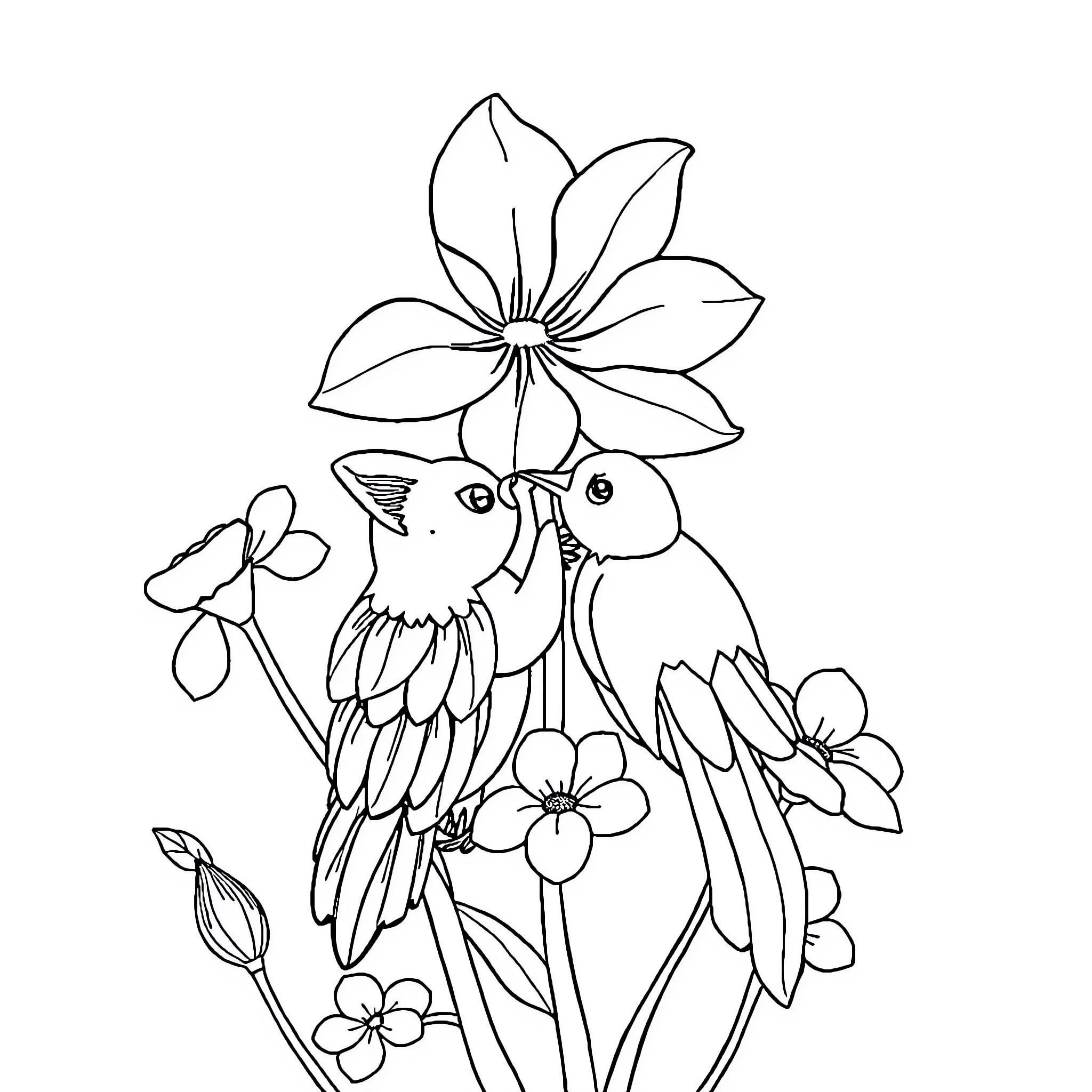 Japanese Students Illustrate Tropical Parrots and Flowers Coloring Page (free black-and-white line drawing printable PDF for all, from beginners to advanced learners, including children, teens, adults, and seniors)