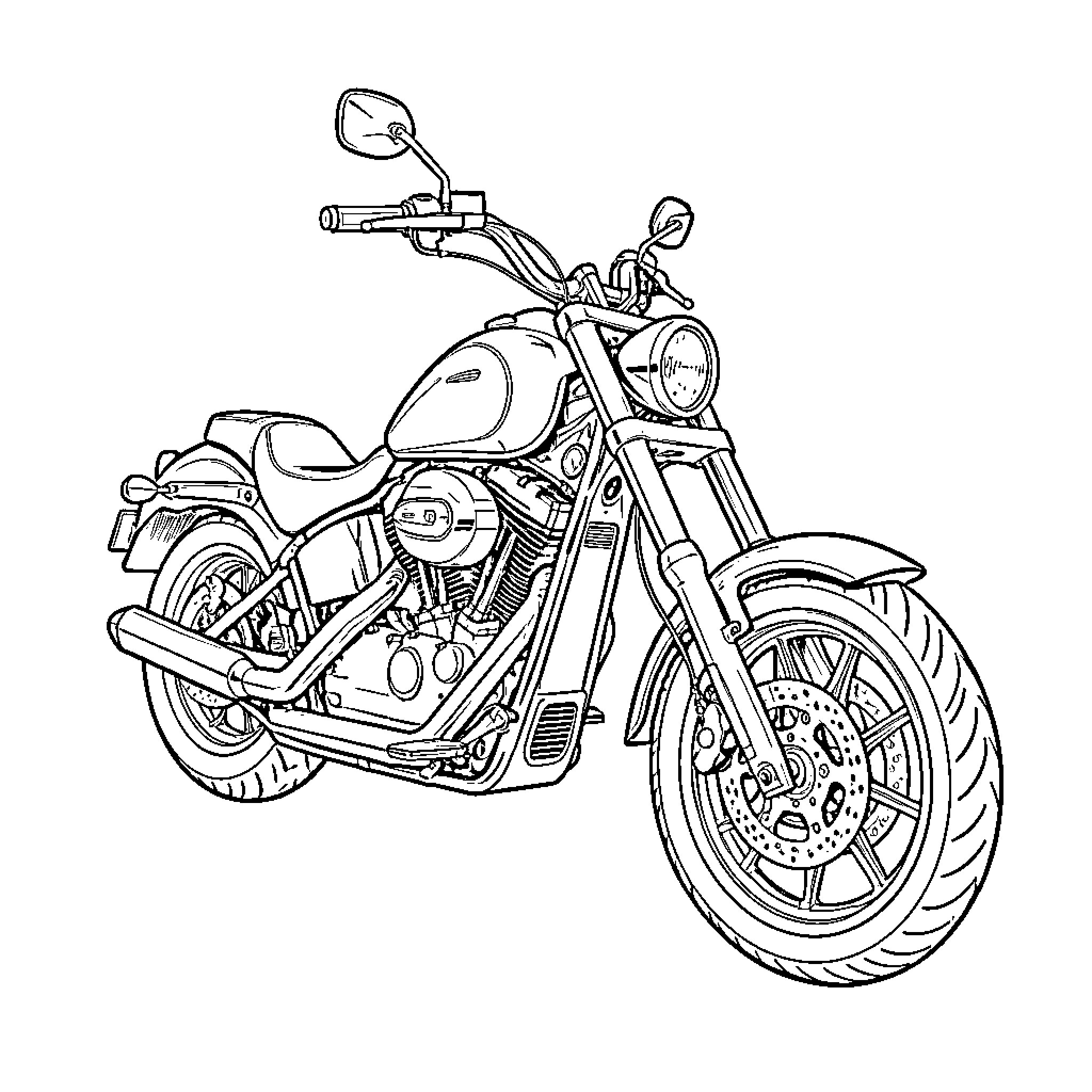 Chopper motorcycle parked and viewed from a side angle Coloring Page (free black-and-white line drawing printable PDF for all, from beginners to advanced learners, including children, teens, adults, and seniors)