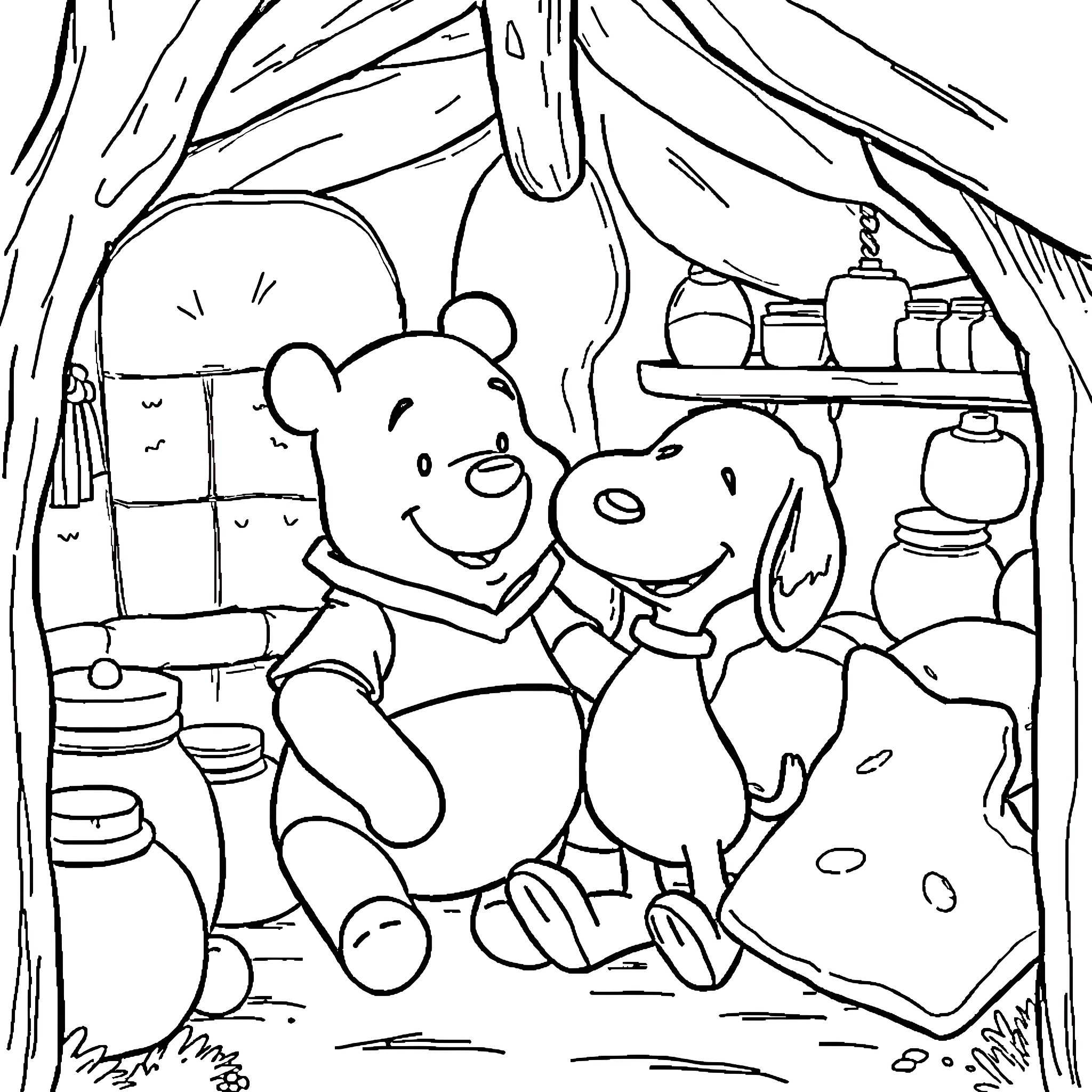 Winnie The Pooh and Friends Exploring a Cozy Cottage Coloring Page (free black-and-white line drawing printable PDF for all, from beginners to advanced learners, including children, teens, adults, and seniors)