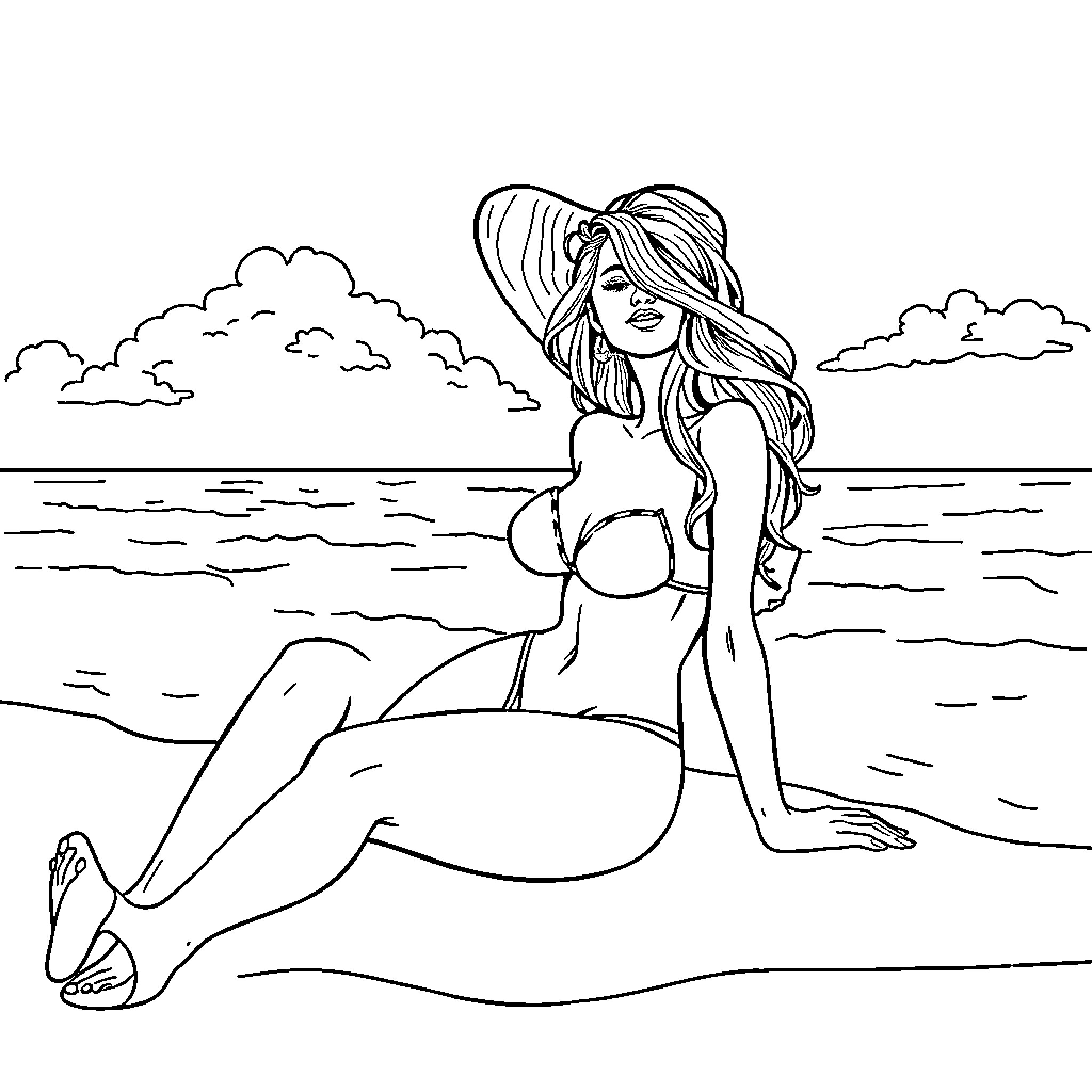 Girl in swimsuit relaxing on the beach Coloring Page (free black-and-white line drawing printable PDF for all, from beginners to advanced learners, including children, teens, adults, and seniors)