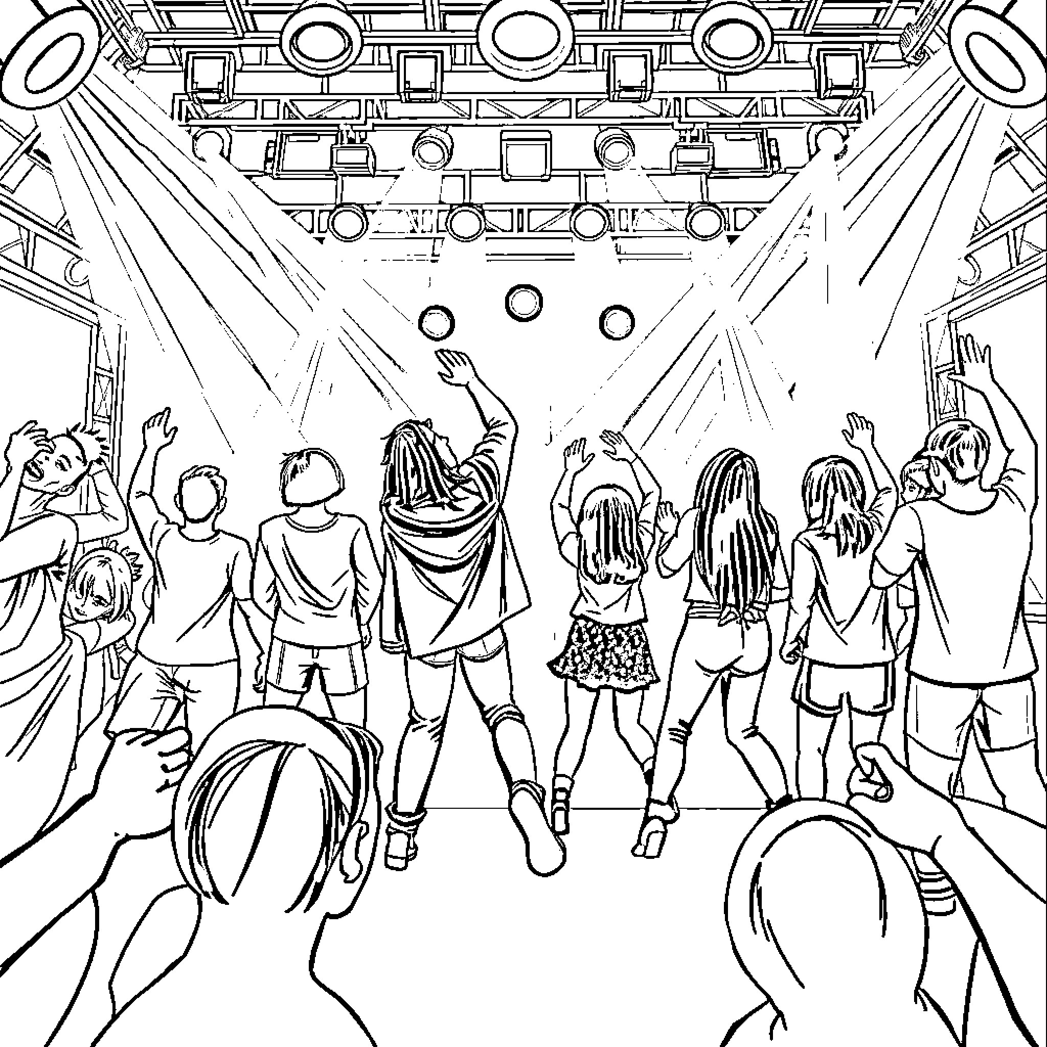 Kpop energetic dance performance on stage Coloring Page (free black-and-white line drawing printable PDF for all, from beginners to advanced learners, including children, teens, adults, and seniors)