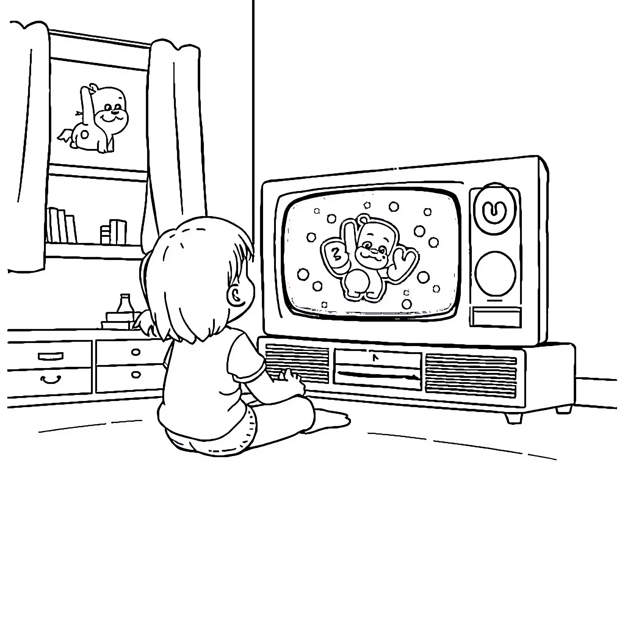 Girl watching TV with stuffed animal Coloring Page (free black-and-white line drawing printable PDF for all, from beginners to advanced learners, including children, teens, adults, and seniors)