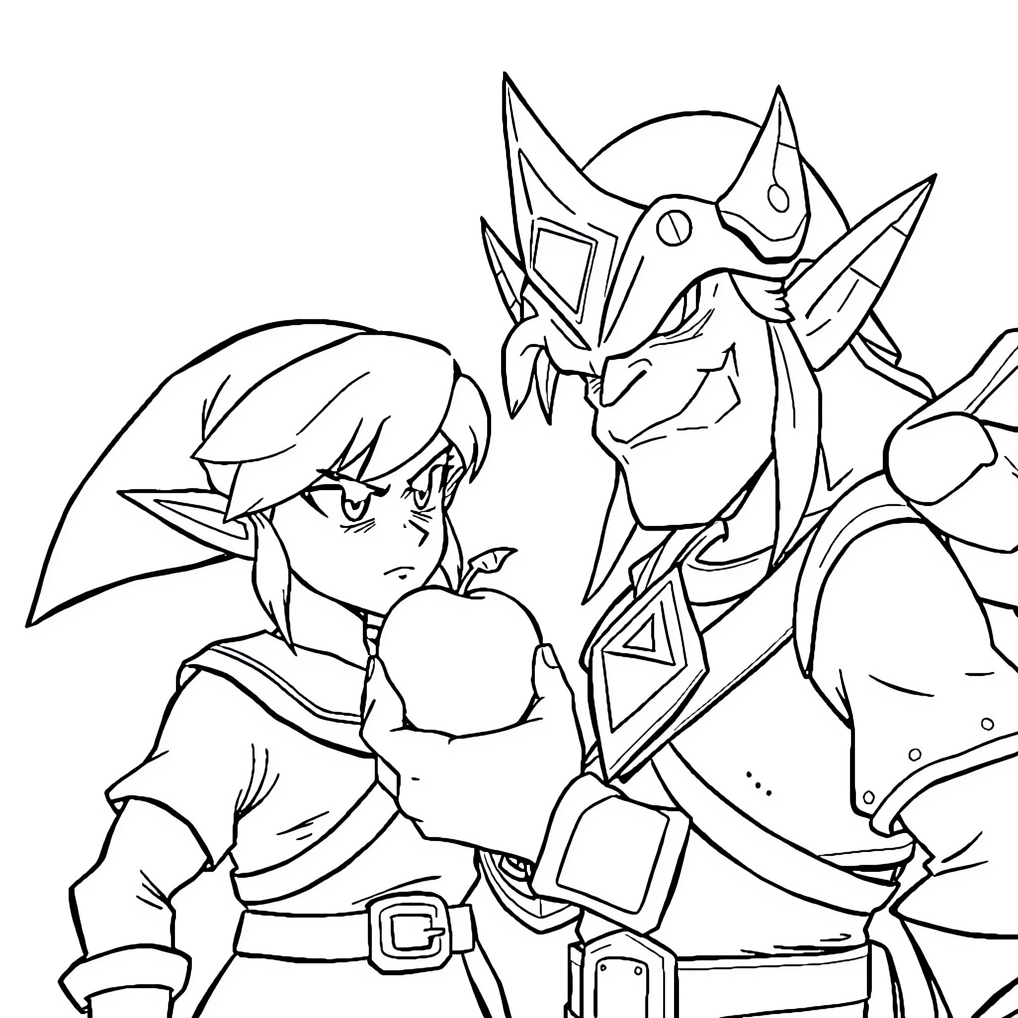 Link and Armored Hero in Dramatic Encounter Coloring Page (free black-and-white line drawing printable PDF for all, from beginners to advanced learners, including children, teens, adults, and seniors)