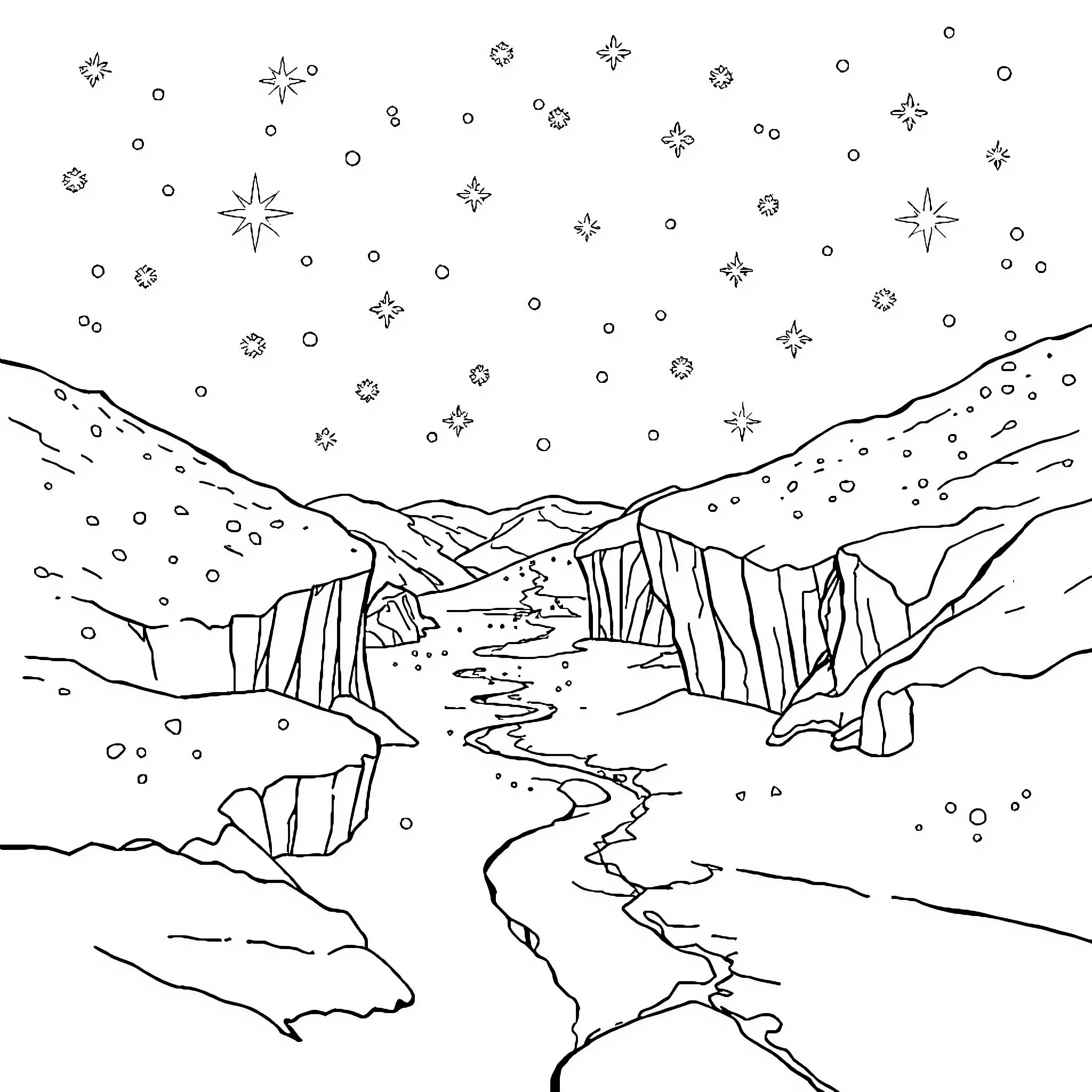 Frozen winter landscape with stars in the sky Coloring Page (free black-and-white line drawing printable PDF for all, from beginners to advanced learners, including children, teens, adults, and seniors)