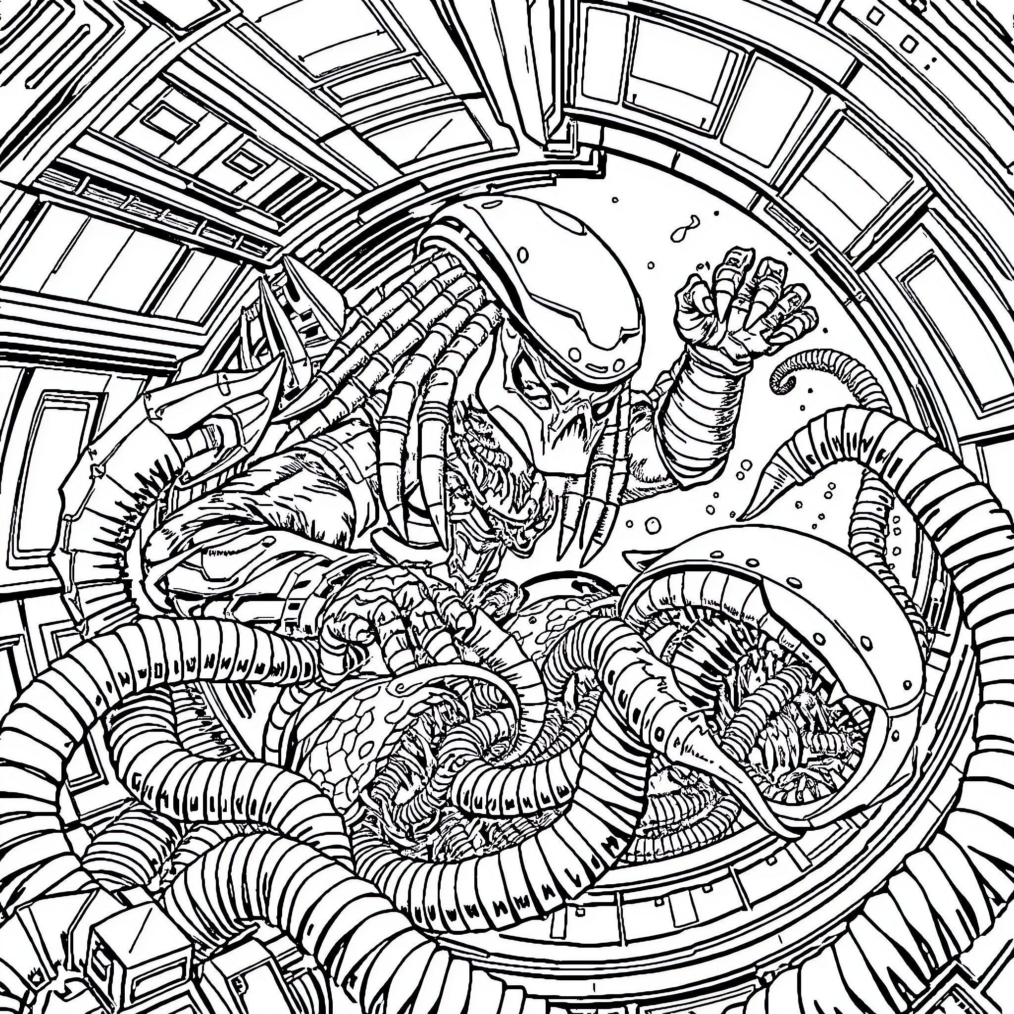 Predator stalking through a futuristic environment Coloring Page (free black-and-white line drawing printable PDF for all, from beginners to advanced learners, including children, teens, adults, and seniors)