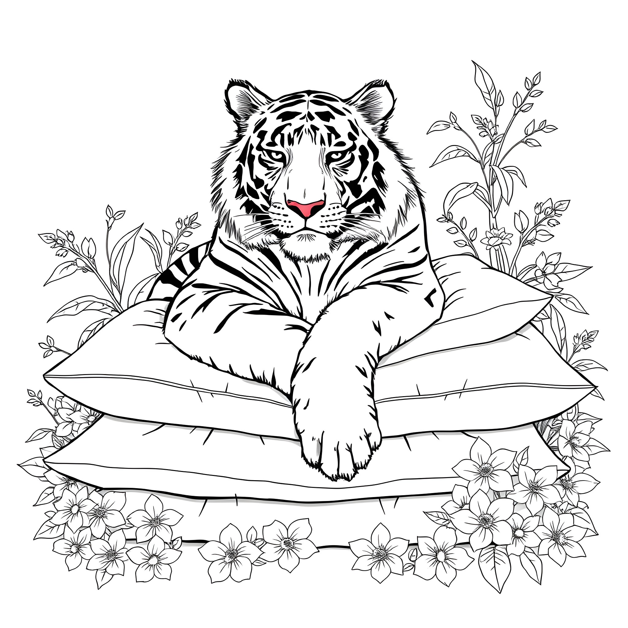 Tiger resting amidst floral surroundings Coloring Page (free black-and-white line drawing printable PDF for all, from beginners to advanced learners, including children, teens, adults, and seniors)