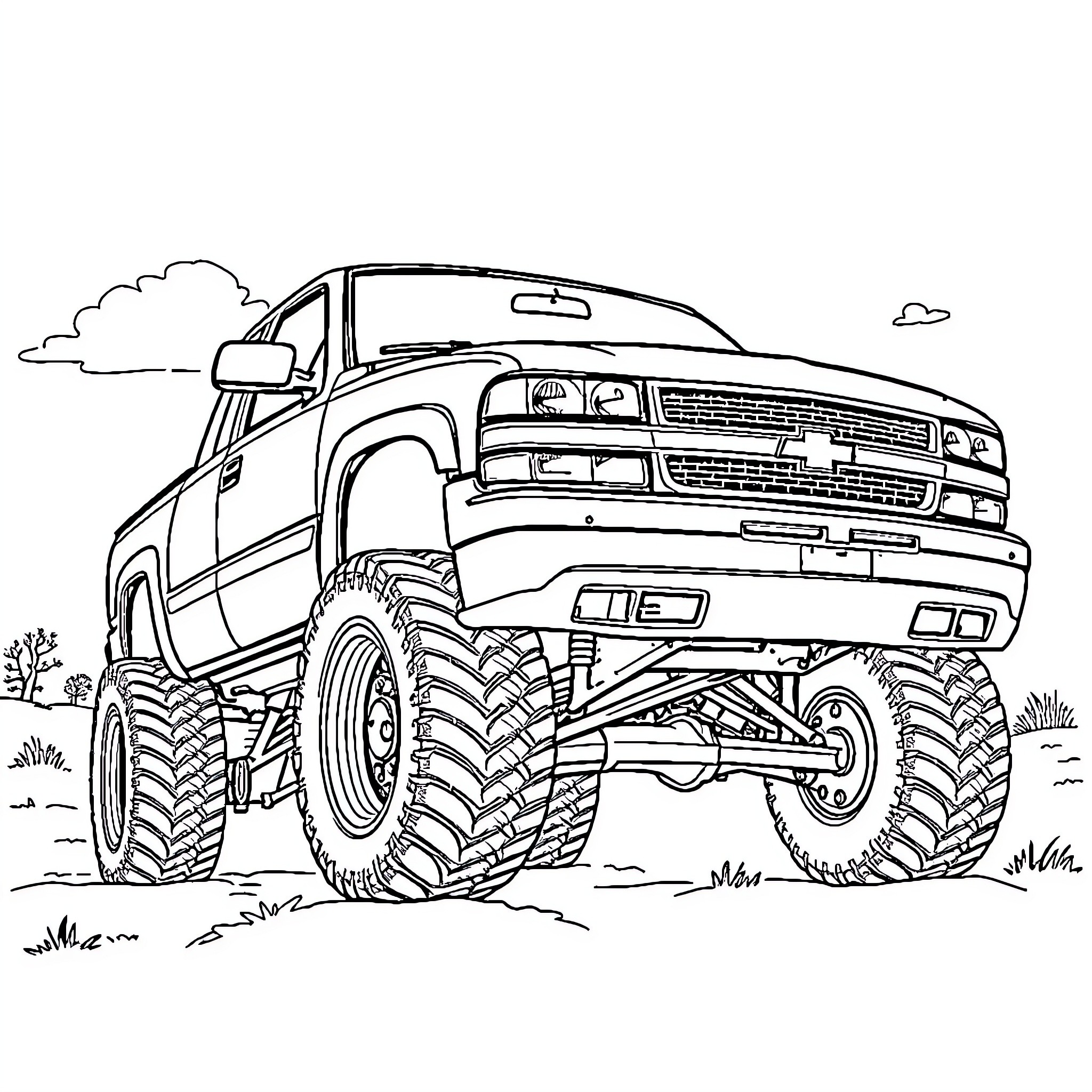 Silverado Monster Truck Thundering Through the Countryside Coloring Page (free black-and-white line drawing printable PDF for all, from beginners to advanced learners, including children, teens, adults, and seniors)