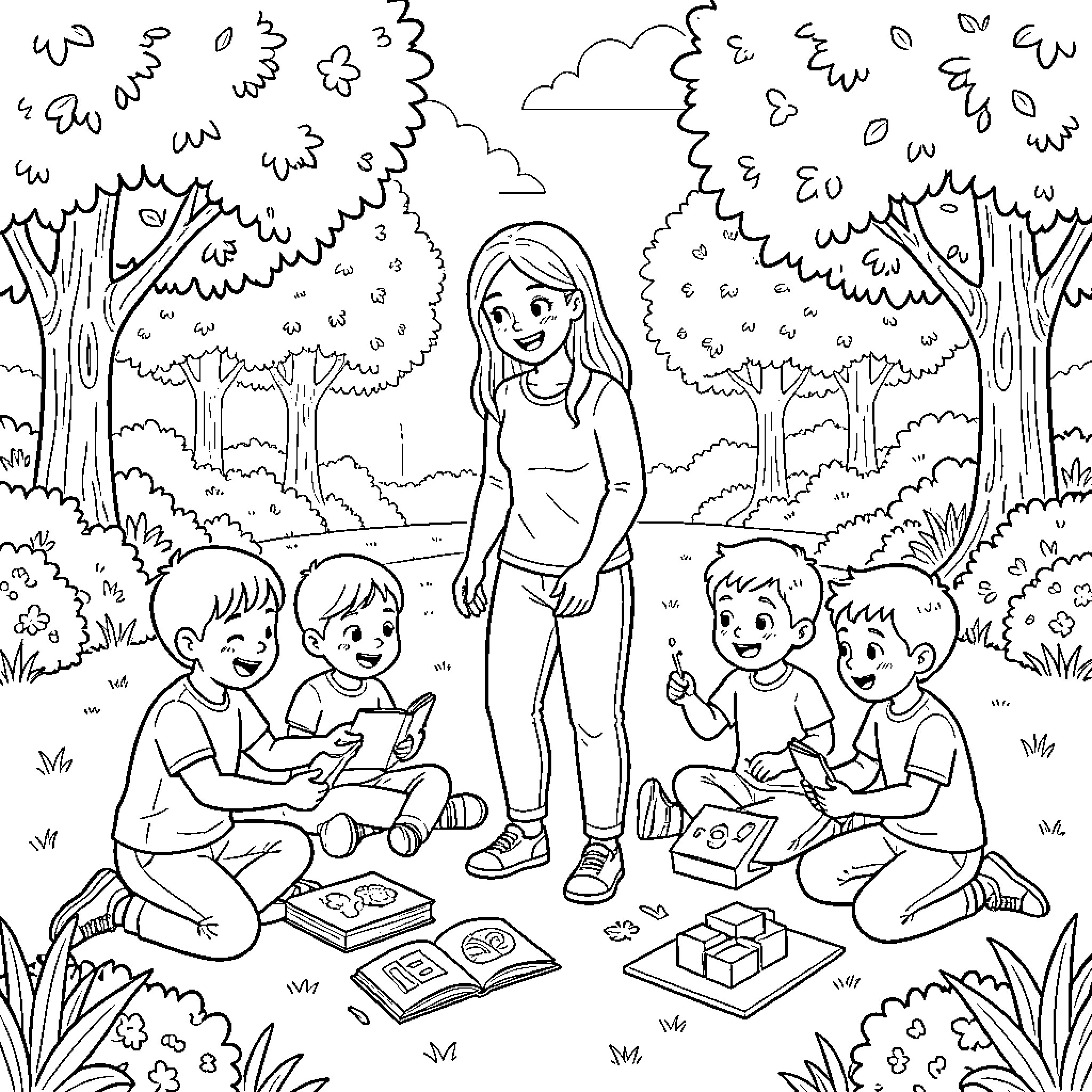 Educator smiling while guiding children learning outdoors Coloring Page (free black-and-white line drawing printable PDF for all, from beginners to advanced learners, including children, teens, adults, and seniors)