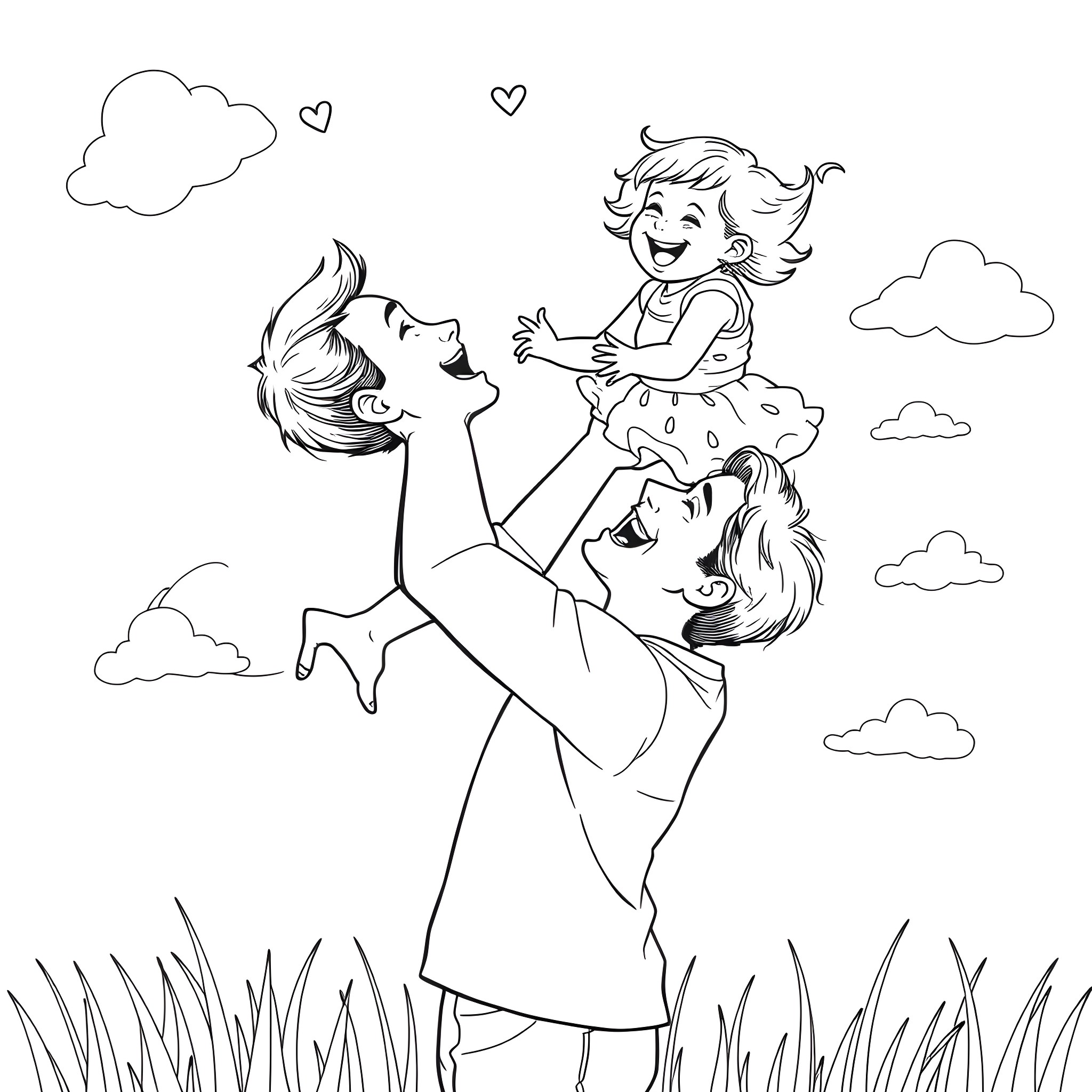 Dad playing joyfully with his child in the park Coloring Page (free black-and-white line drawing printable PDF for all, from beginners to advanced learners, including children, teens, adults, and seniors)