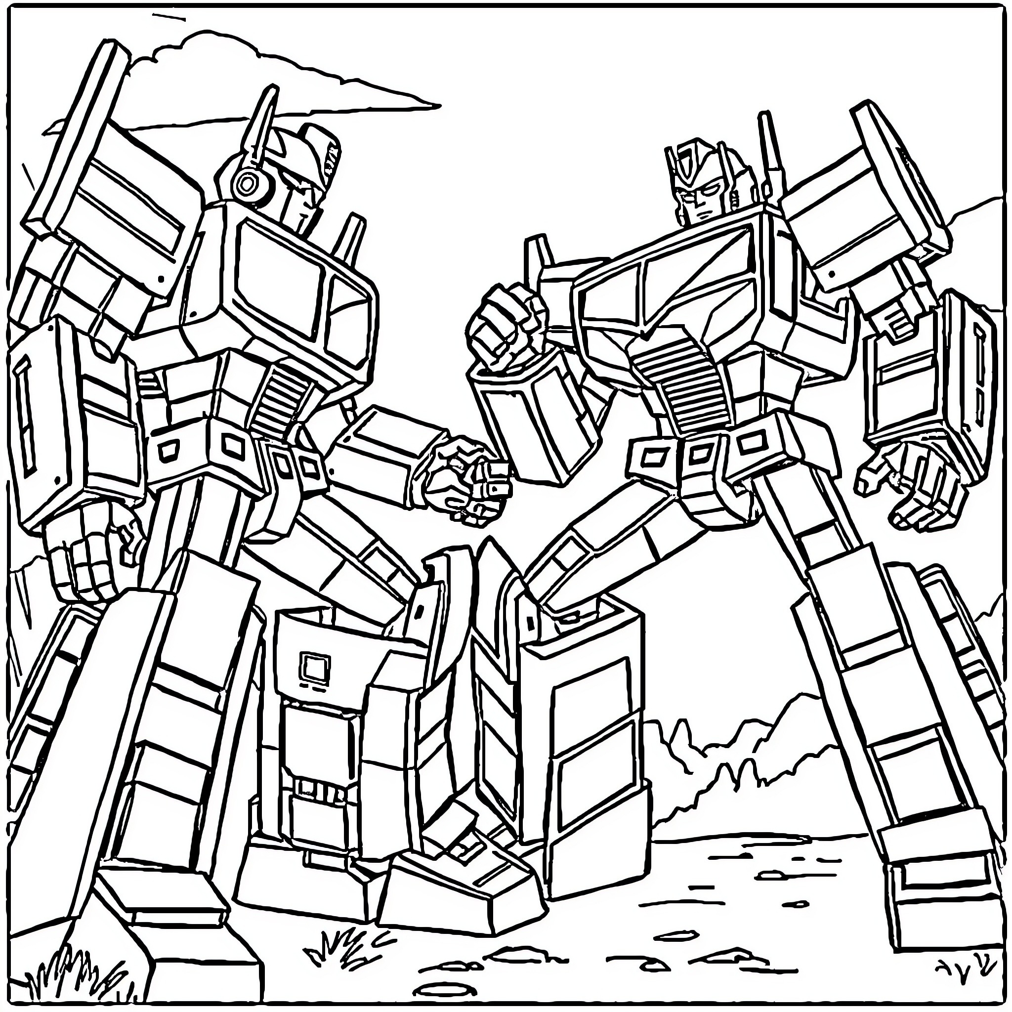 Transformers battle in a rugged landscape Coloring Page (free black-and-white line drawing printable PDF for all, from beginners to advanced learners, including children, teens, adults, and seniors)