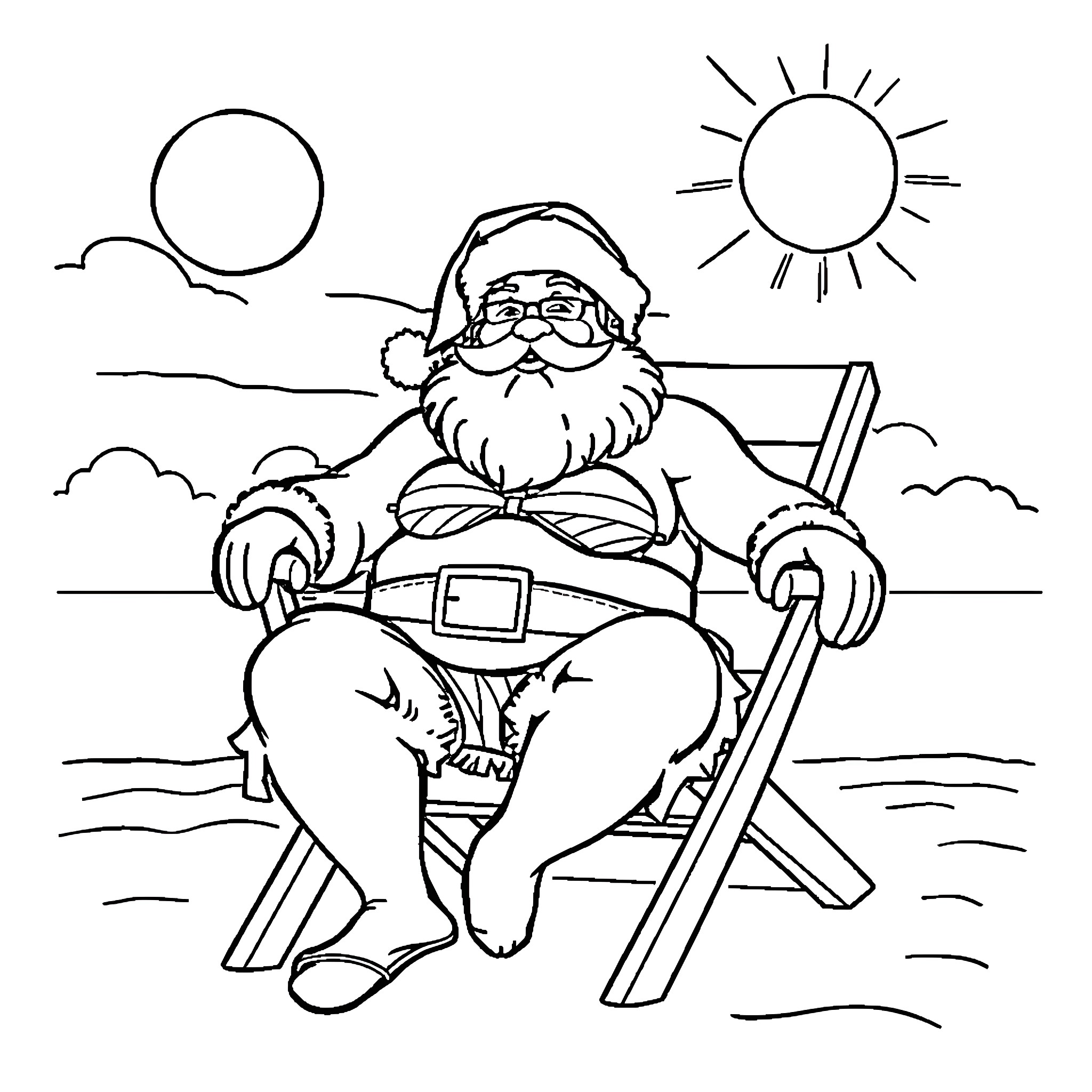 Santa Claus relaxing on a beach chair Coloring Page (free black-and-white line drawing printable PDF for all, from beginners to advanced learners, including children, teens, adults, and seniors)