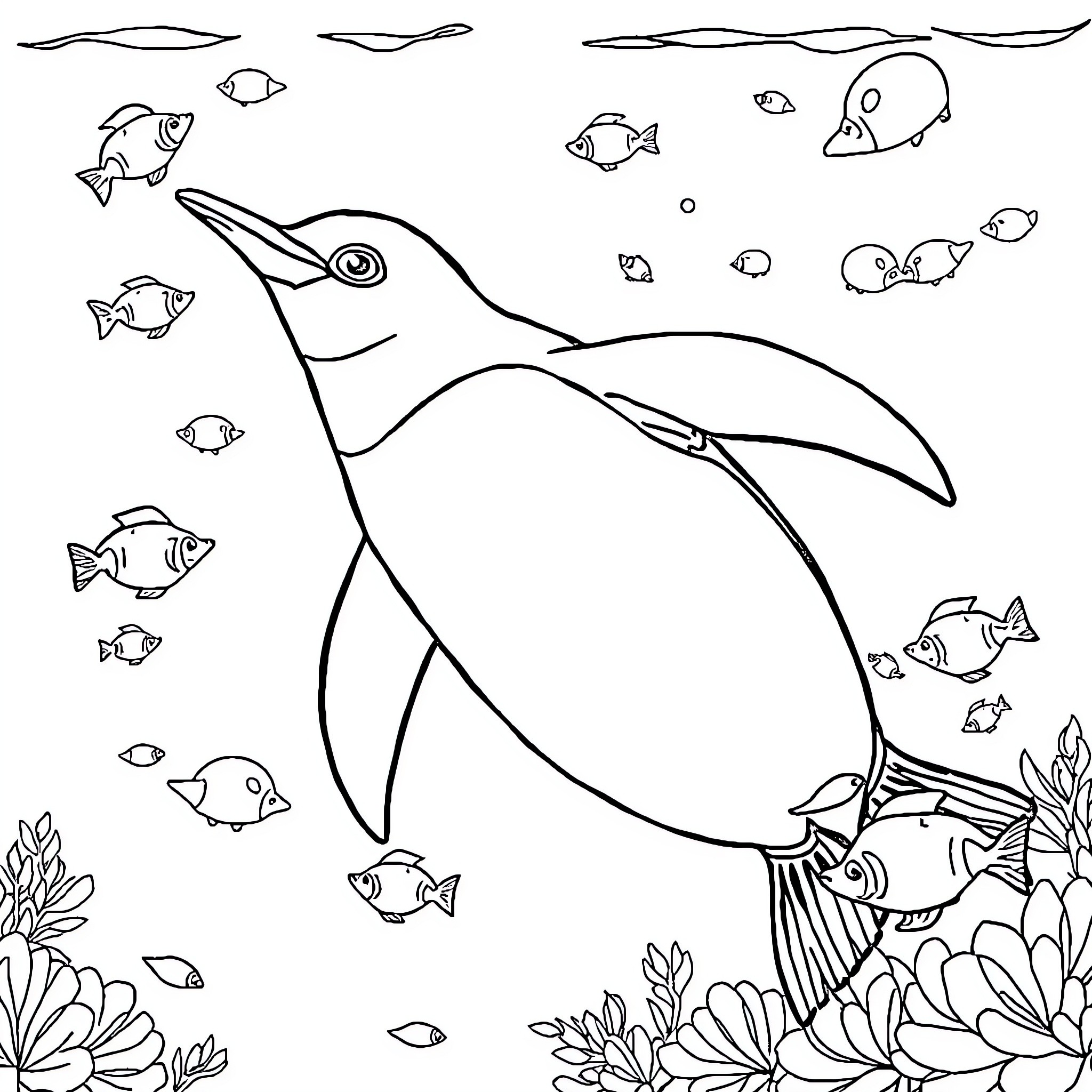 Penguin swimming among tropical fish Coloring Page (free black-and-white line drawing printable PDF for all, from beginners to advanced learners, including children, teens, adults, and seniors)