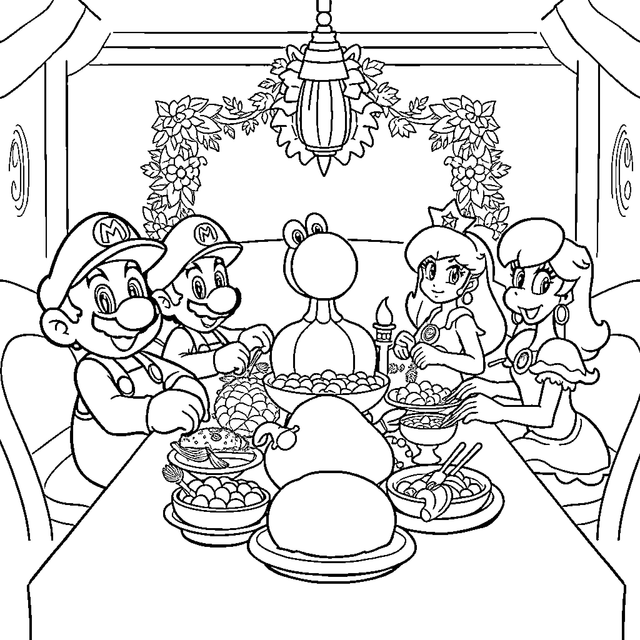 Mario and friends enjoying a festive feast Coloring Page (free black-and-white line drawing printable PDF for all, from beginners to advanced learners, including children, teens, adults, and seniors)
