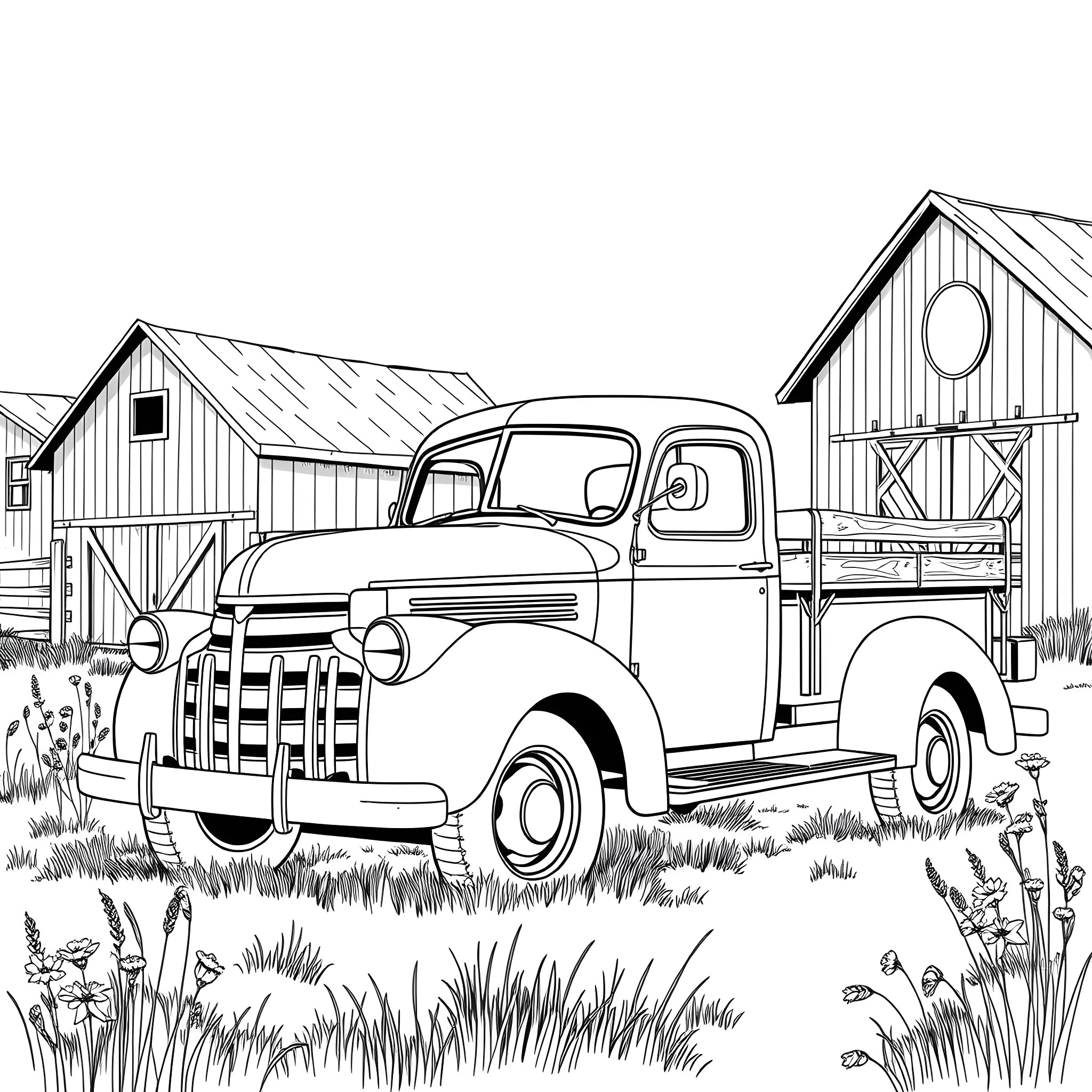 Truck parked next to old barn buildings Coloring Page (free black-and-white line drawing printable PDF for all, from beginners to advanced learners, including children, teens, adults, and seniors)