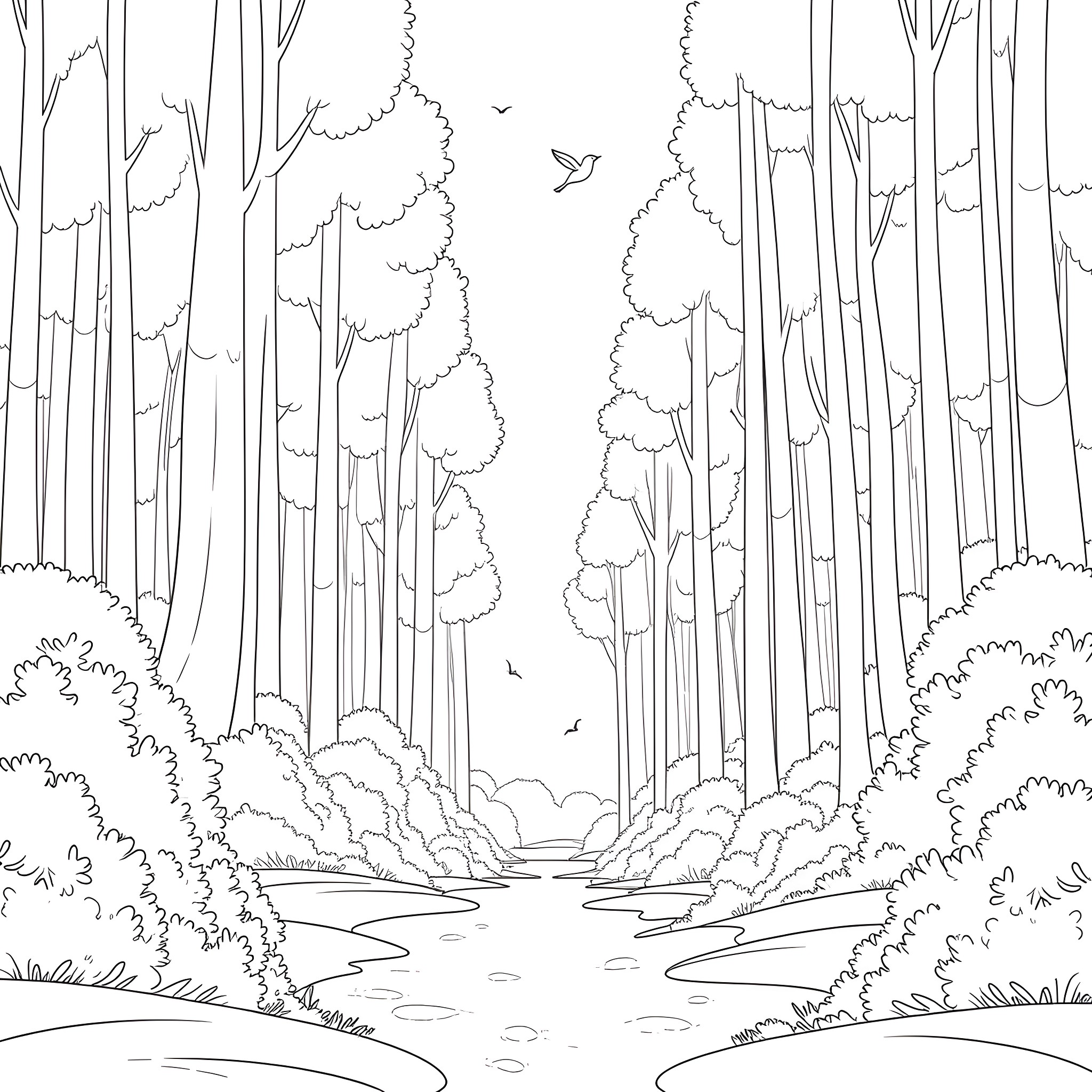 Forest path with winding stream and flying birds Coloring Page (free black-and-white line drawing printable PDF for all, from beginners to advanced learners, including children, teens, adults, and seniors)