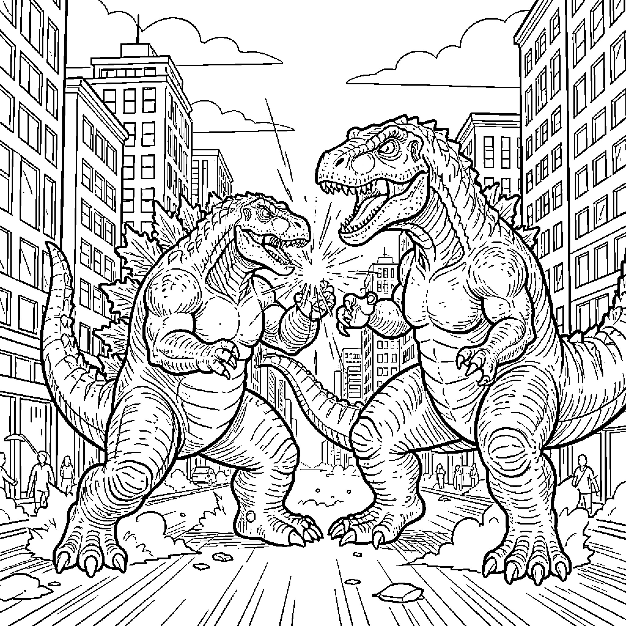 Godzilla battling a large dinosaur in a city Coloring Page (free black-and-white line drawing printable PDF for all, from beginners to advanced learners, including children, teens, adults, and seniors)
