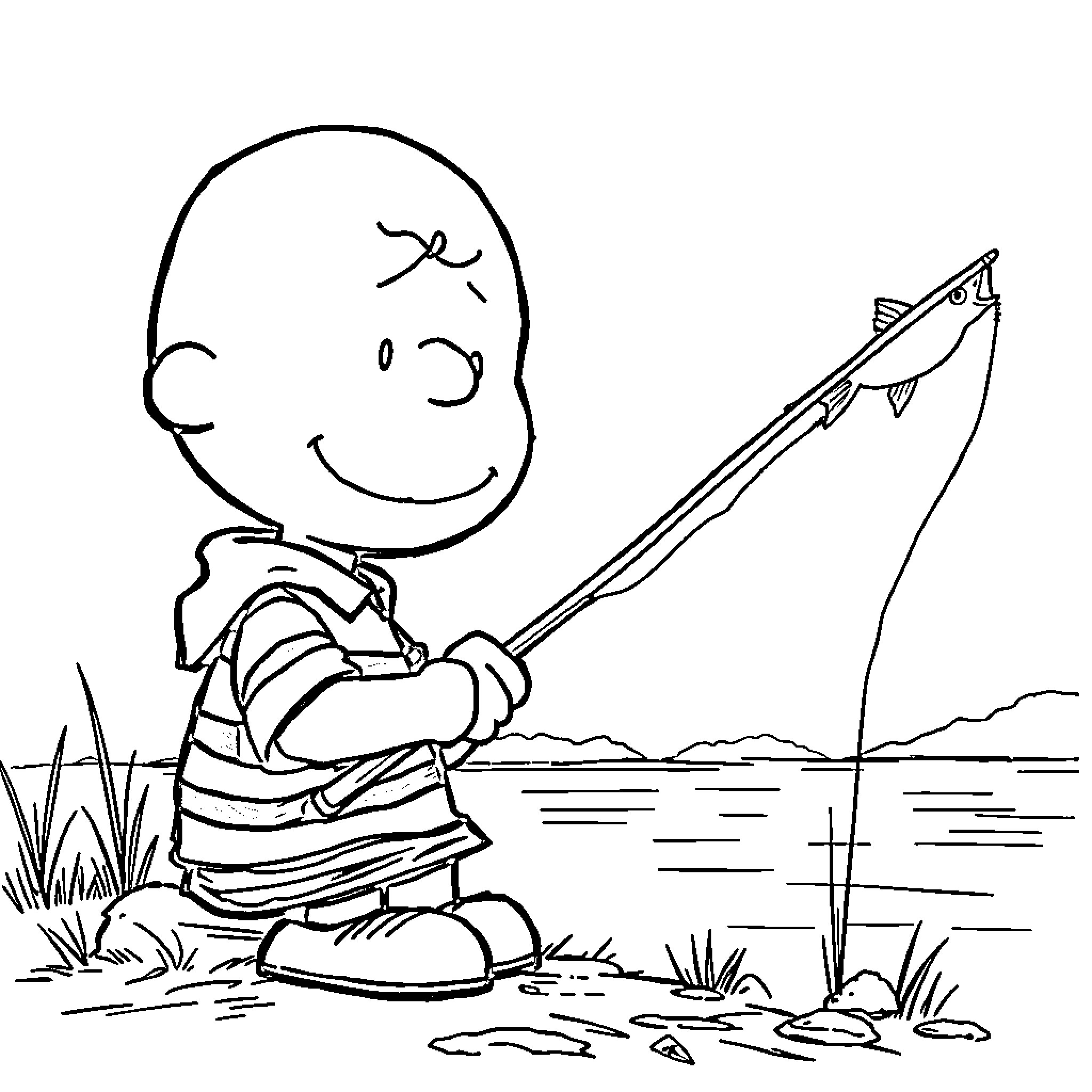 Charlie Brown fishing happily by the lake Coloring Page (free black-and-white line drawing printable PDF for all, from beginners to advanced learners, including children, teens, adults, and seniors)