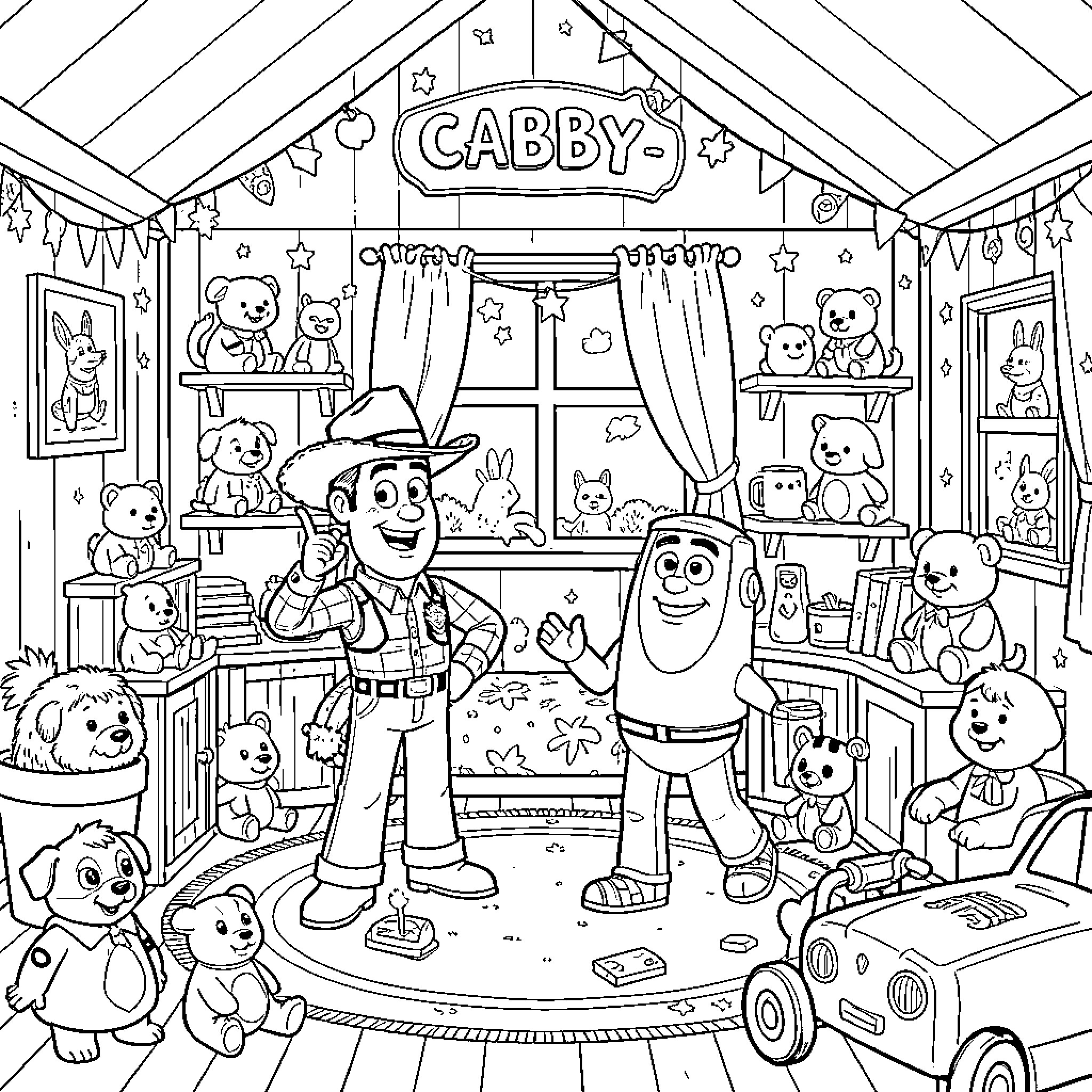 Woody and Buzz standing among many teddy bears Coloring Page (free black-and-white line drawing printable PDF for all, from beginners to advanced learners, including children, teens, adults, and seniors)