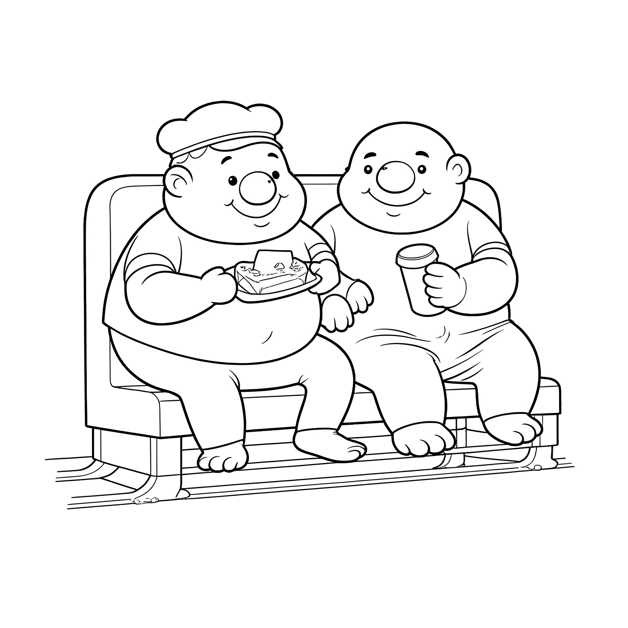 Guy friends enjoying snacks and drinks together Coloring Page (free black-and-white line drawing printable PDF for all, from beginners to advanced learners, including children, teens, adults, and seniors)