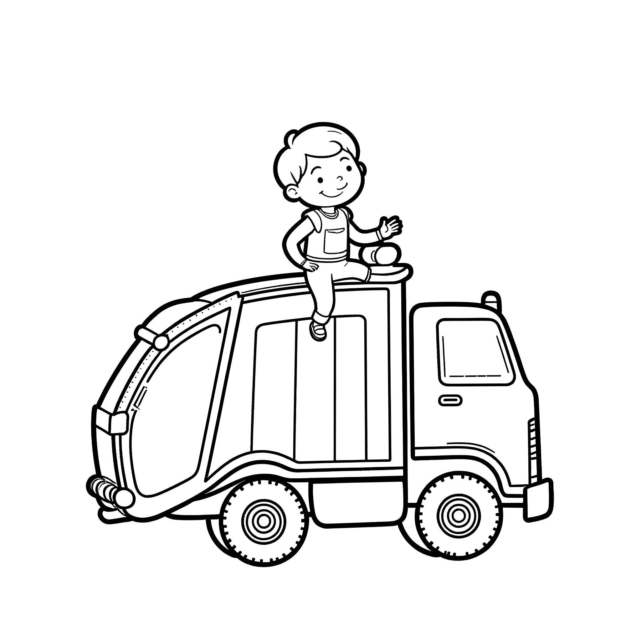 Kid driving a garbage truck happily Coloring Page (free black-and-white line drawing printable PDF for all, from beginners to advanced learners, including children, teens, adults, and seniors)