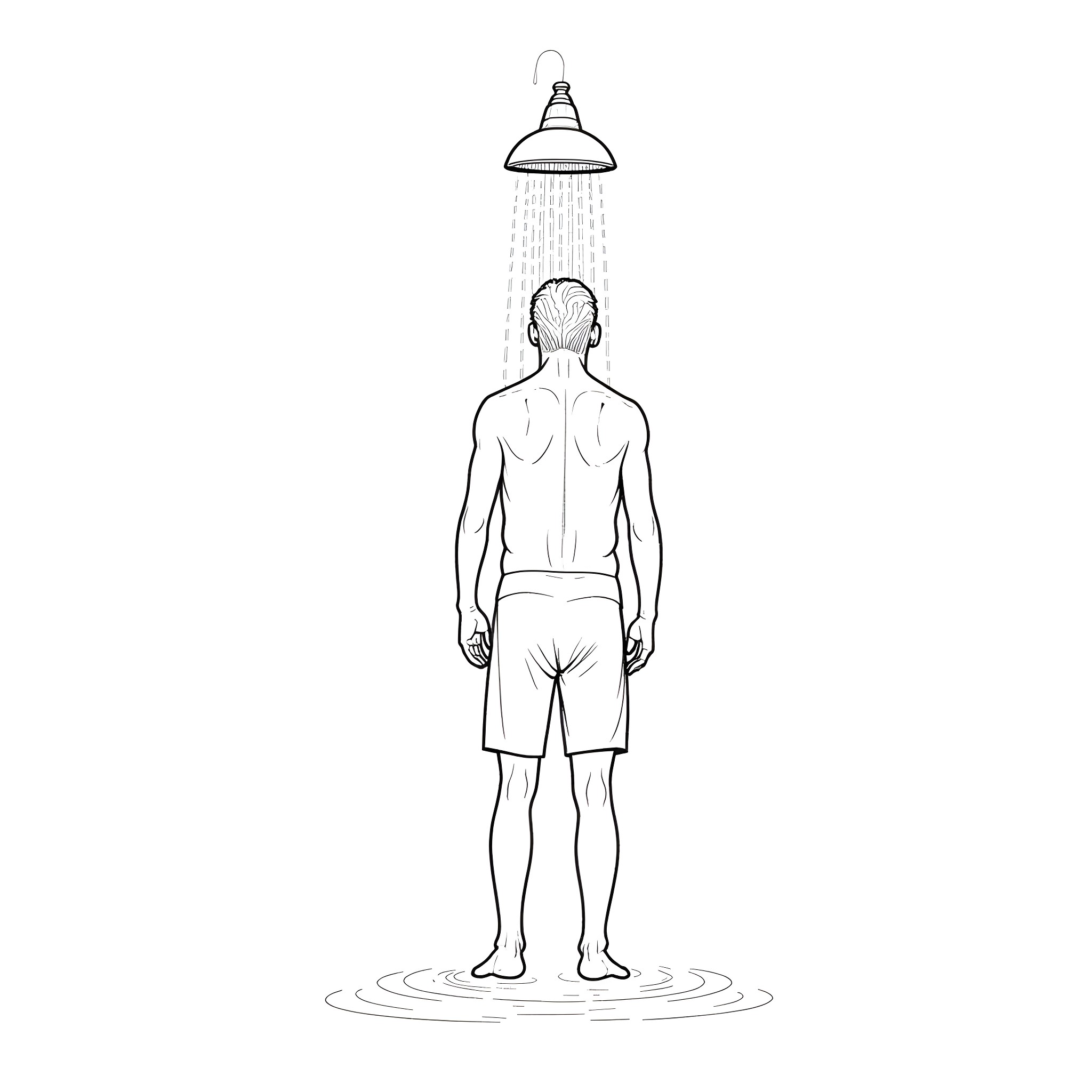 Man enjoying refreshing shower in the bathroom Coloring Page (free black-and-white line drawing printable PDF for all, from beginners to advanced learners, including children, teens, adults, and seniors)