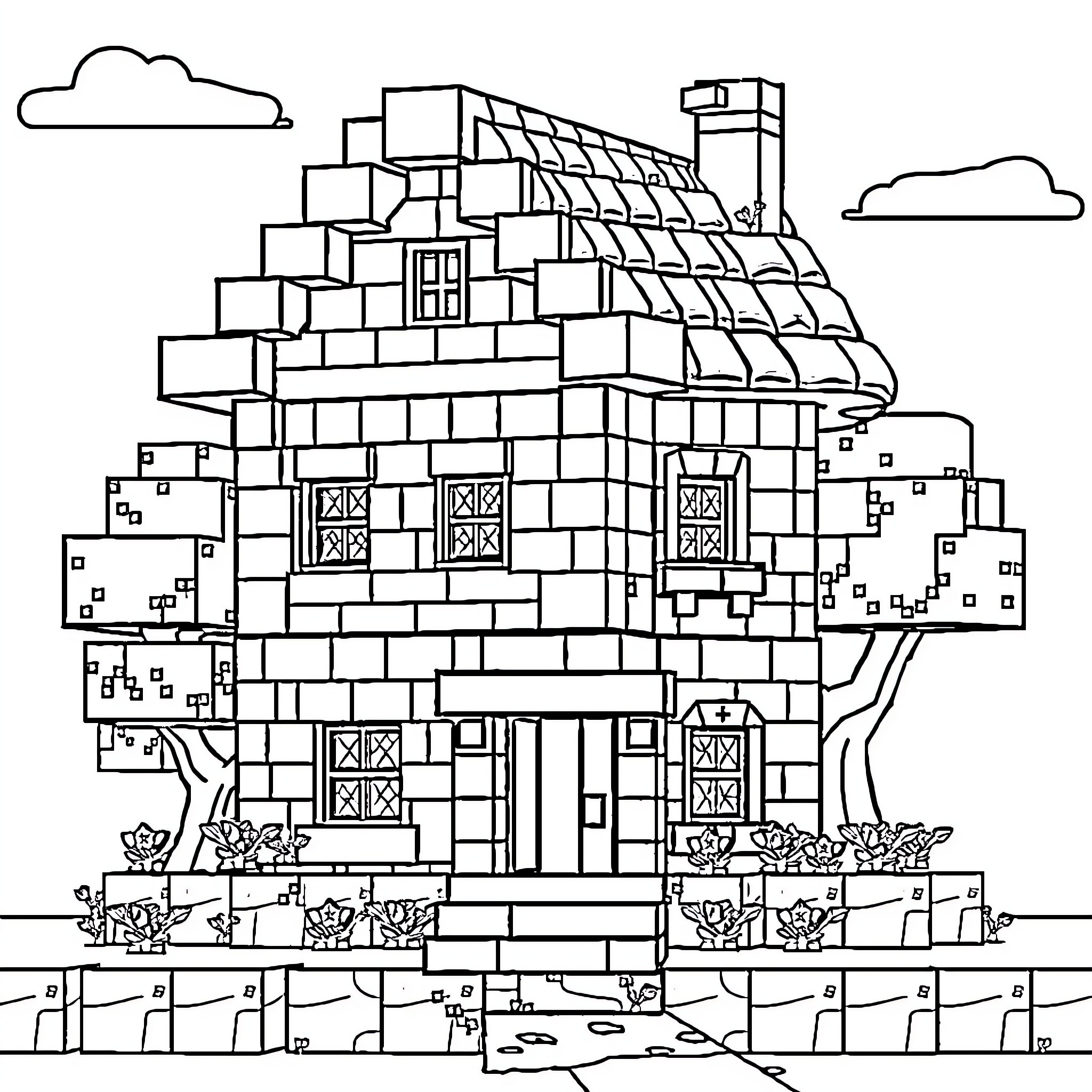 Minecraft House with Unique Architecture and Landscaping Coloring Page (free black-and-white line drawing printable PDF for all, from beginners to advanced learners, including children, teens, adults, and seniors)