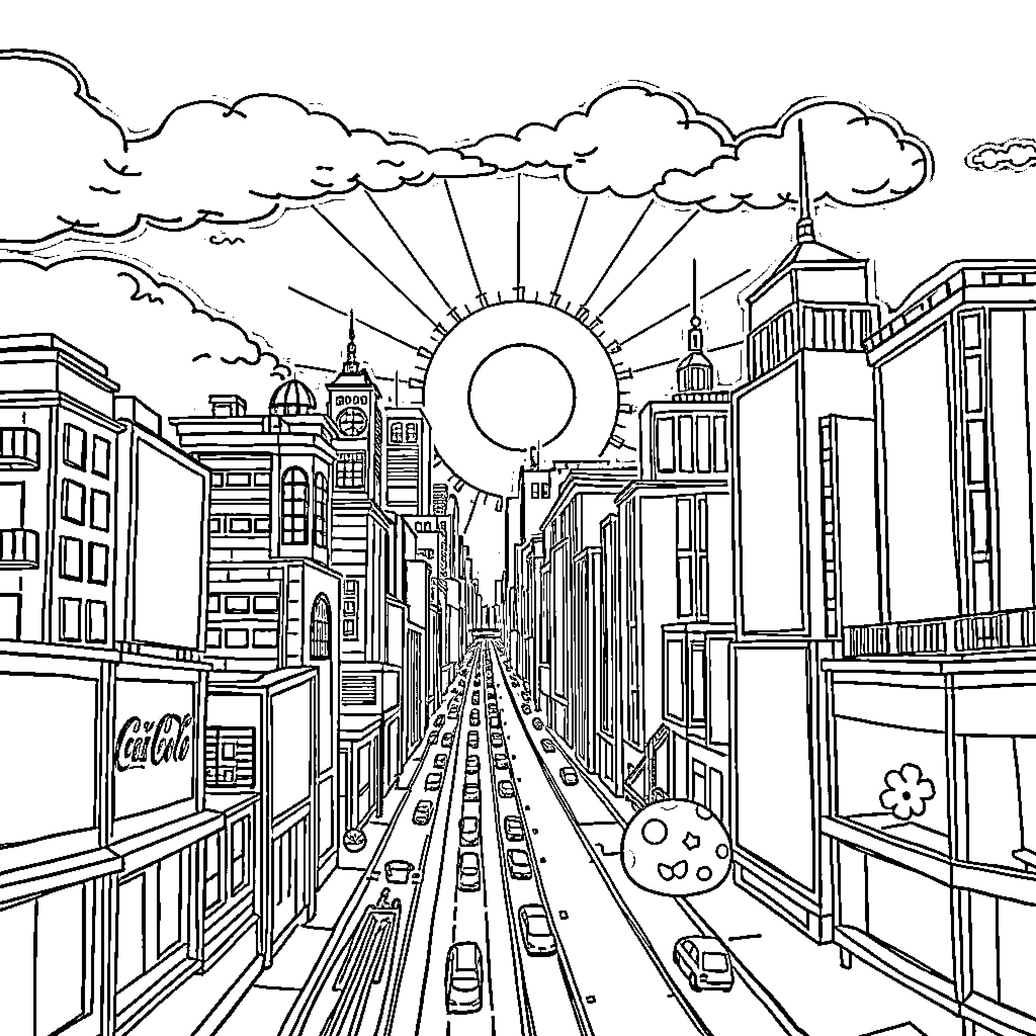 City with bustling traffic and skyscrapers under cloudy sky Coloring Page (free black-and-white line drawing printable PDF for all, from beginners to advanced learners, including children, teens, adults, and seniors)
