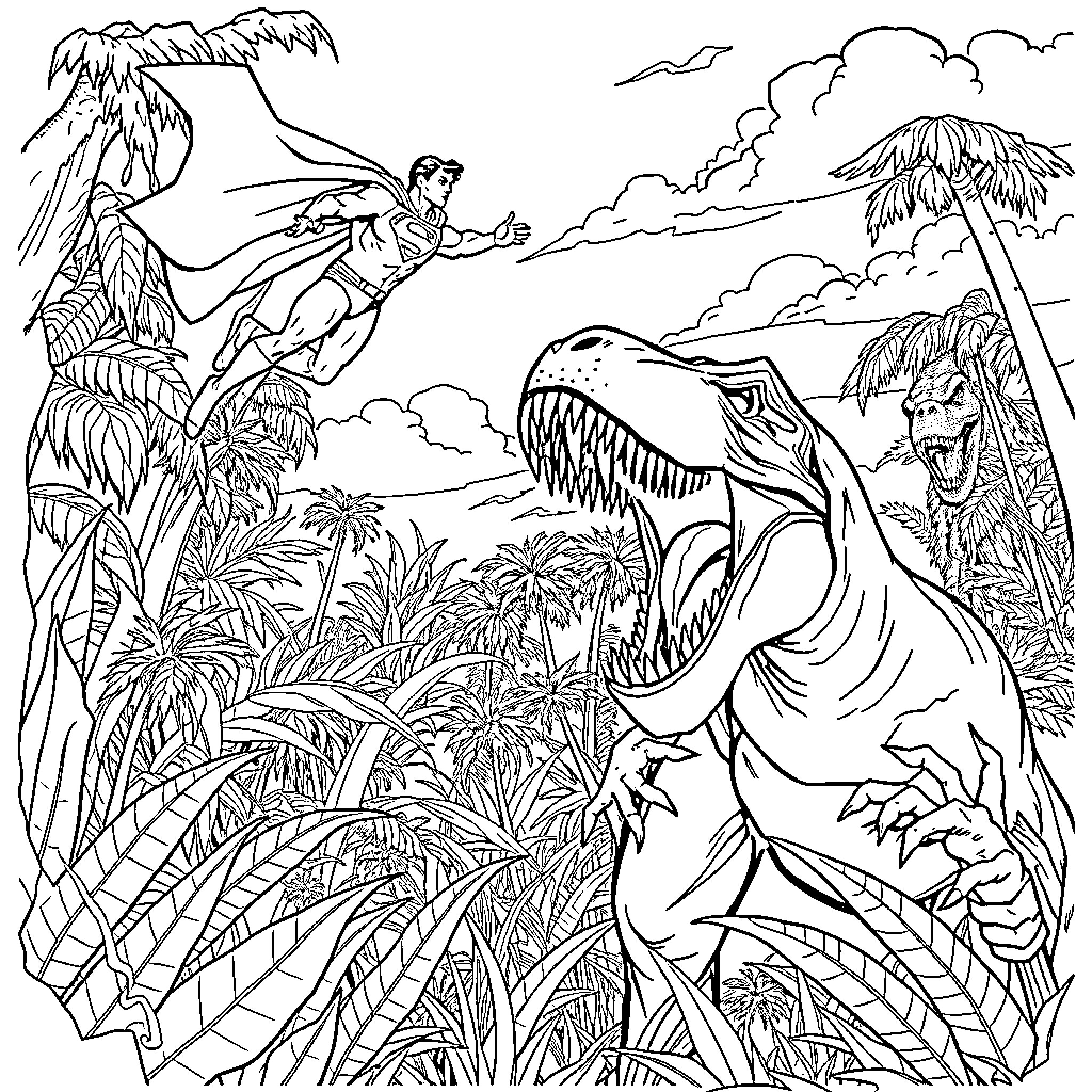 Superman confronting a fierce dinosaur in a tropical paradise Coloring Page (free black-and-white line drawing printable PDF for all, from beginners to advanced learners, including children, teens, adults, and seniors)
