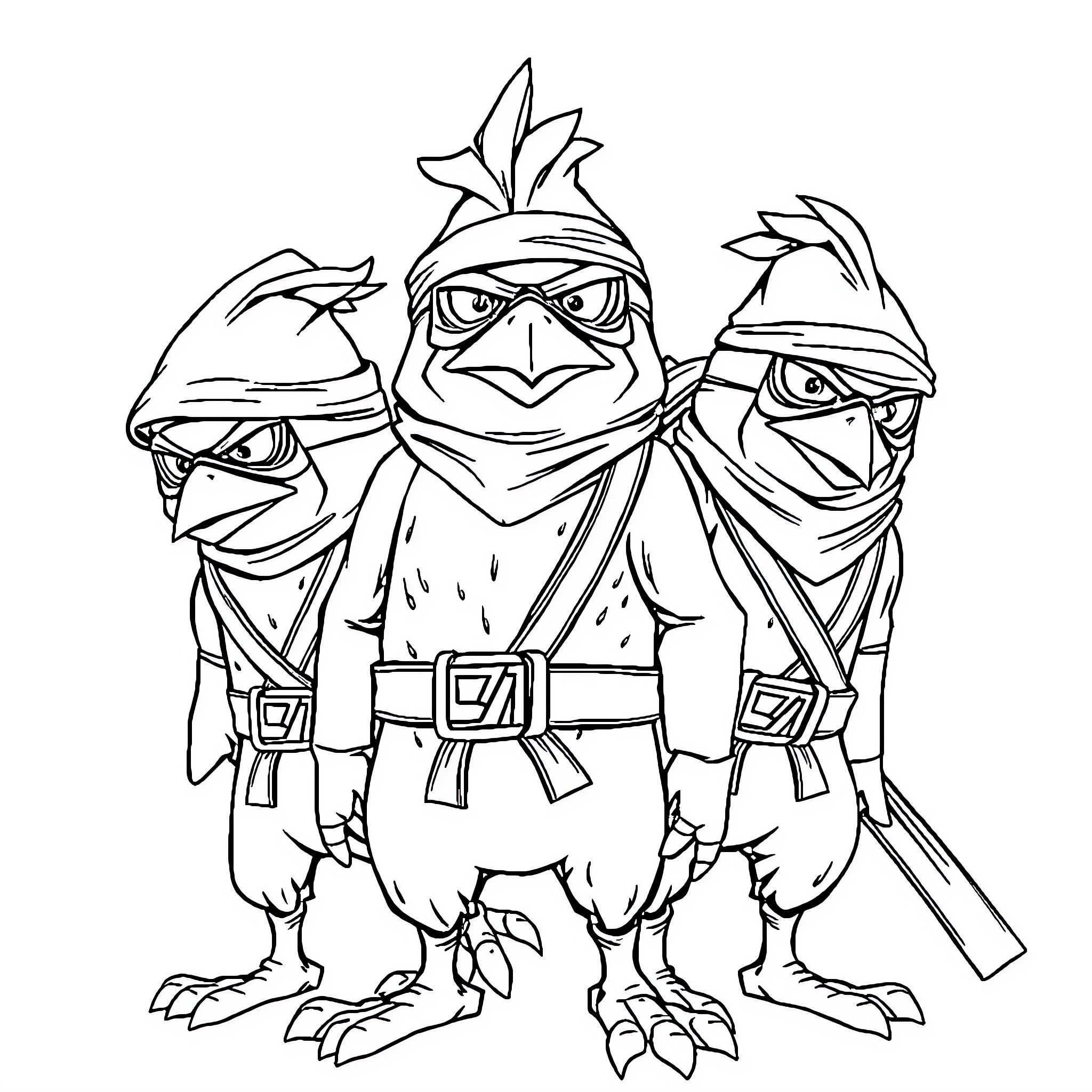 Bird warriors armed with blades and dressed in battle gear Coloring Page (free black-and-white line drawing printable PDF for all, from beginners to advanced learners, including children, teens, adults, and seniors)